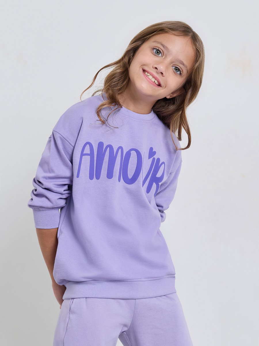 Girls Lilac Cotton Drop Shoulder Sweatshirt