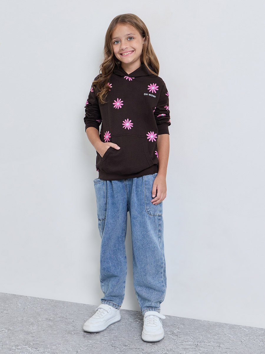 Girls Brown Floral Print Cotton Hoodie