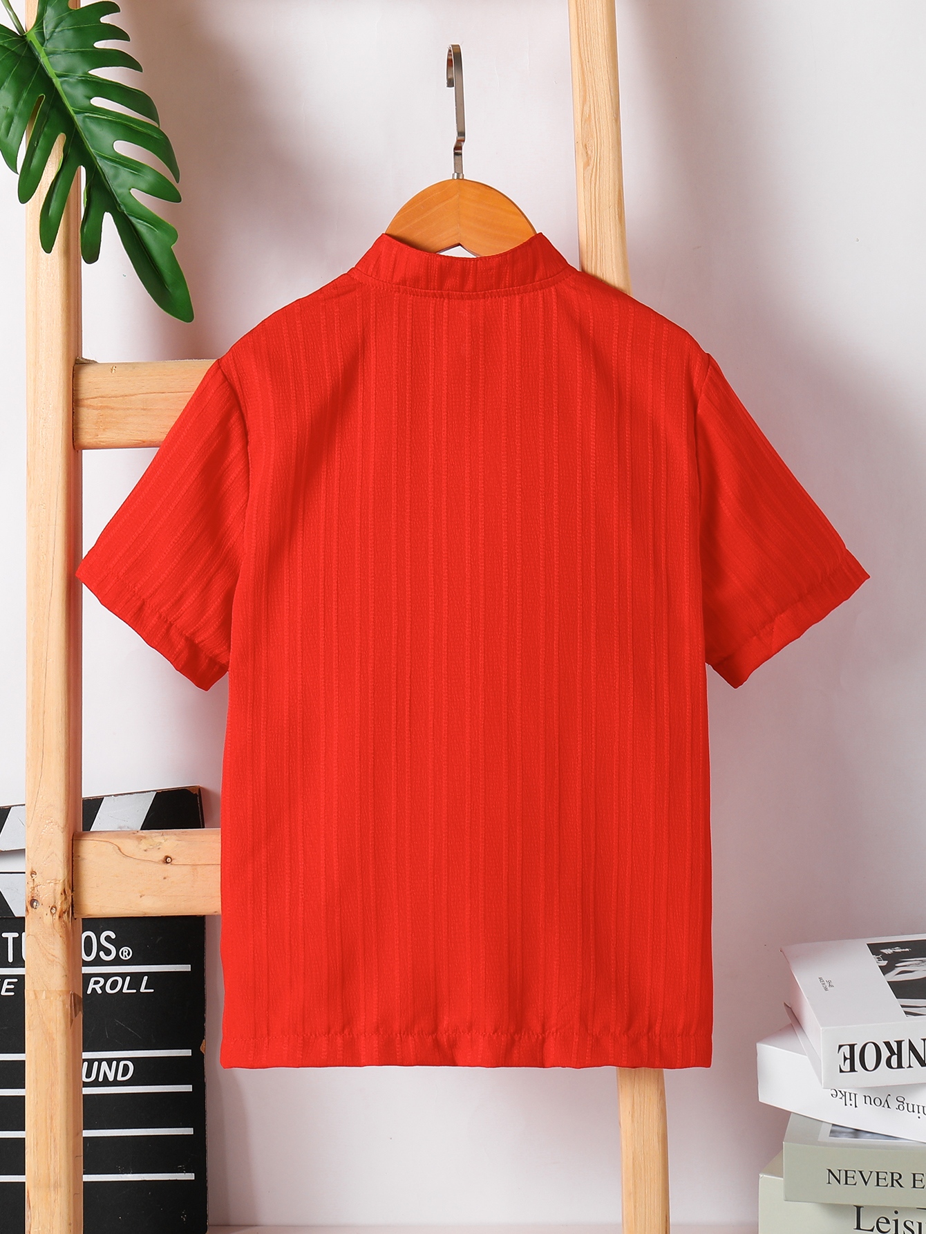 Boys Red Short Sleeve Button-Up Shirt with Stand Collar