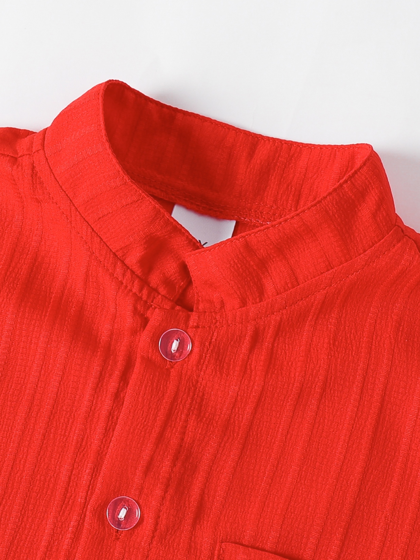Boys Red Short Sleeve Button-Up Shirt with Stand Collar
