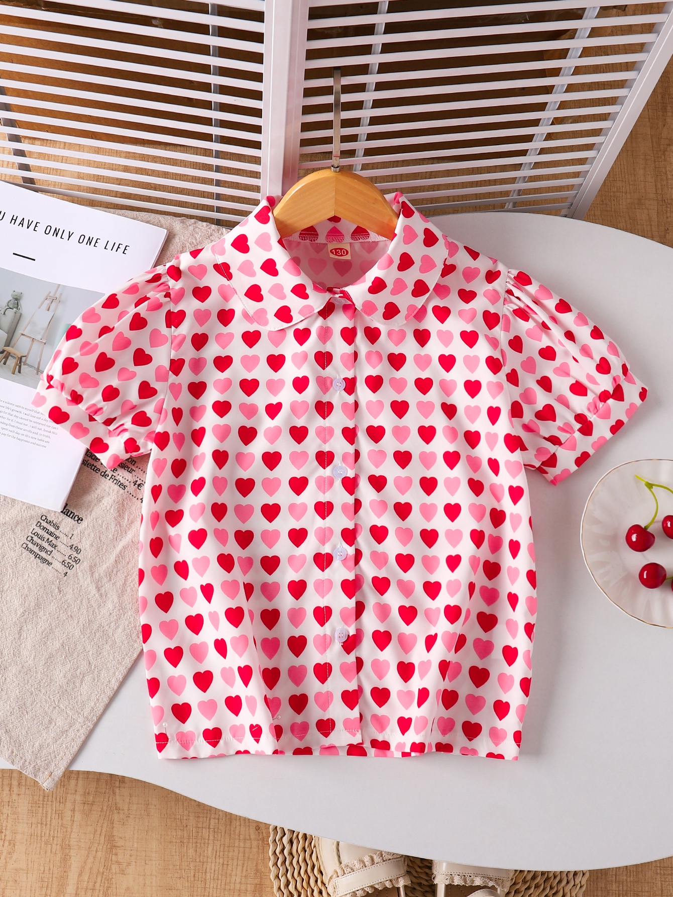 Girls Heart Print Collared Short Sleeve Shirt