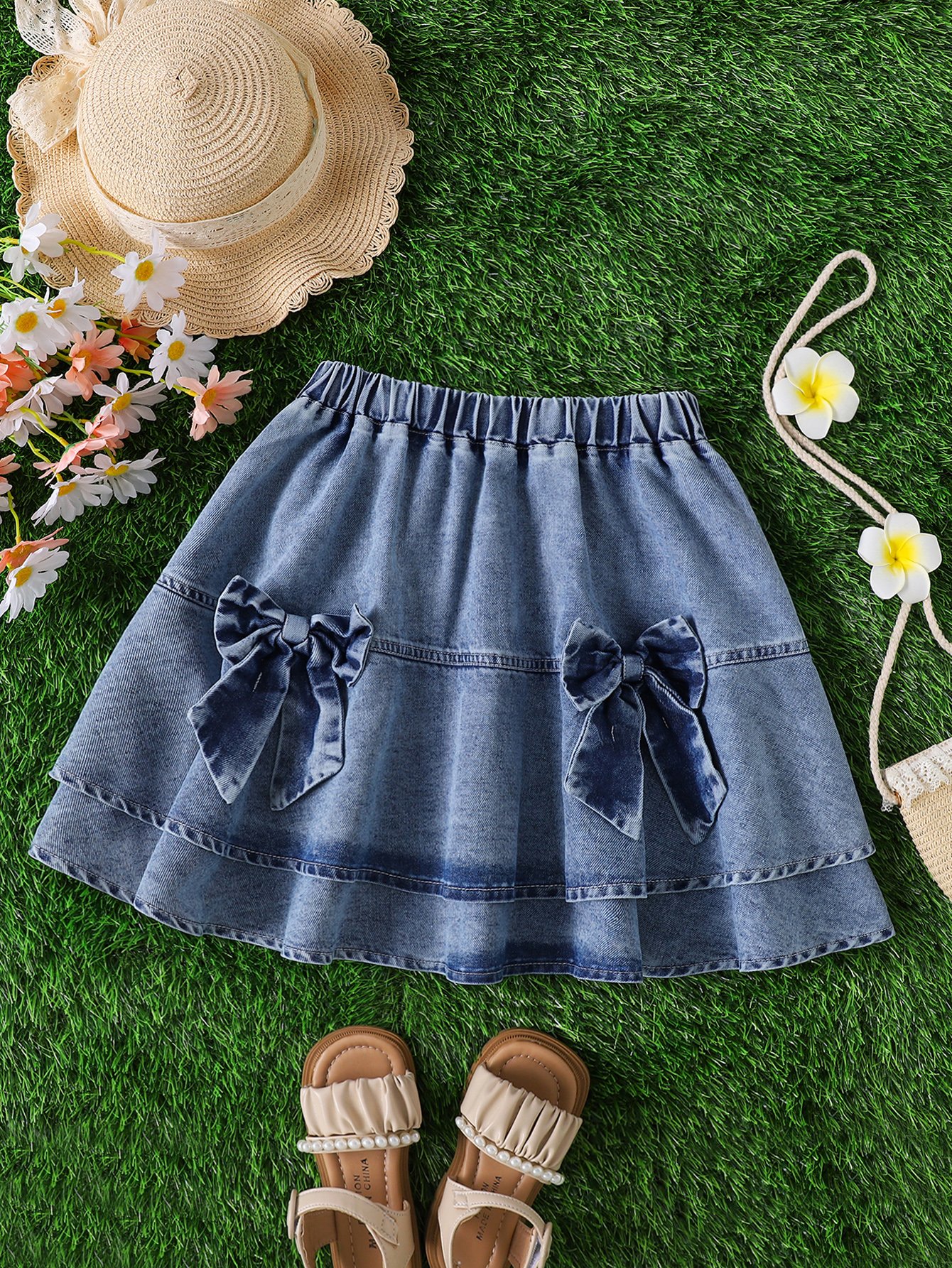 Girls Tiered Denim Skirt With Bow Details