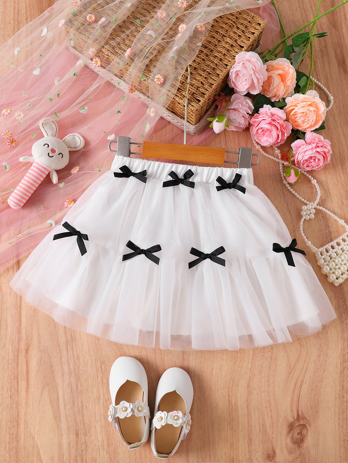 Girls White Tulle Bow Skirt