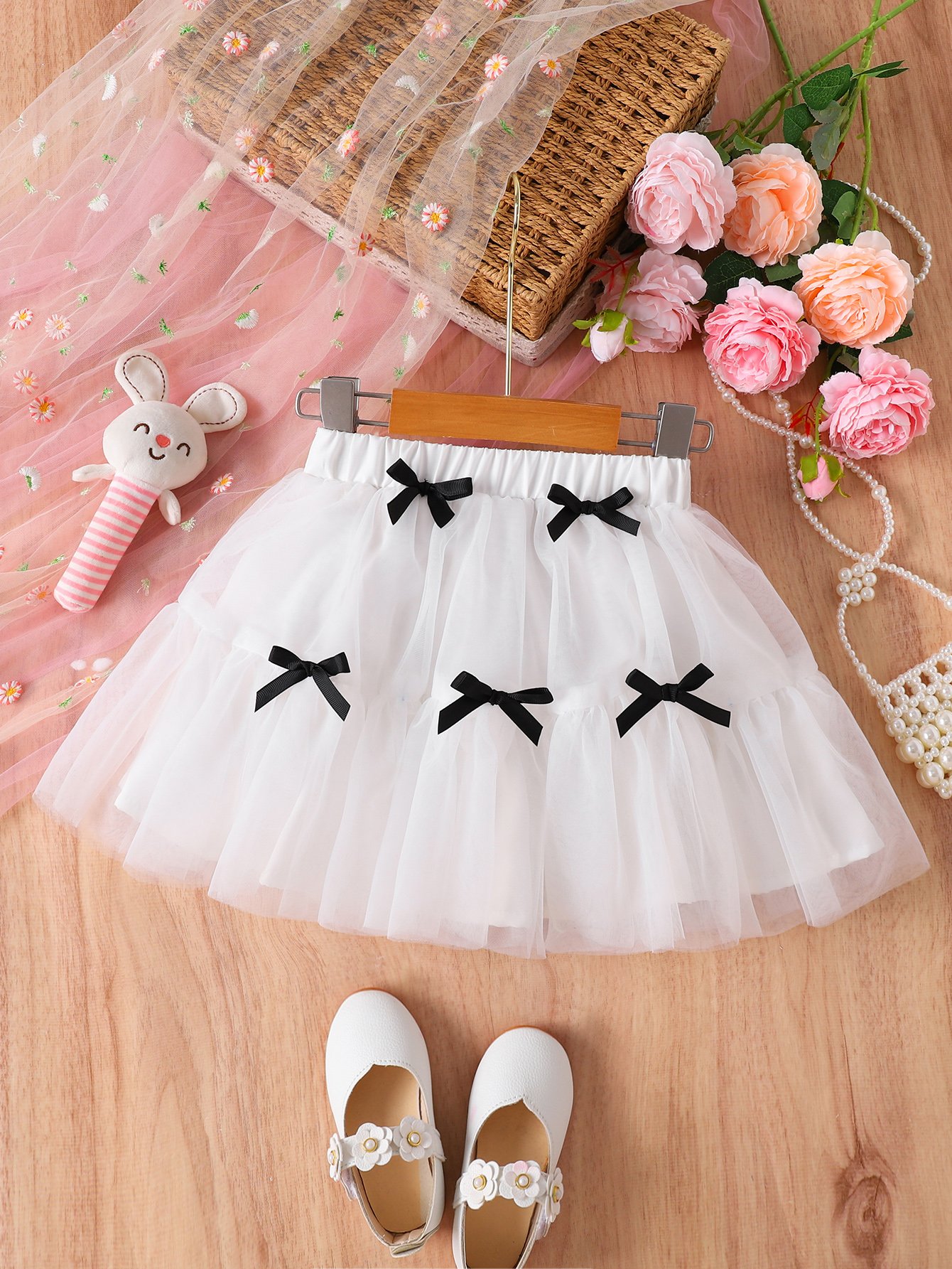Girls White Tulle Bow Skirt