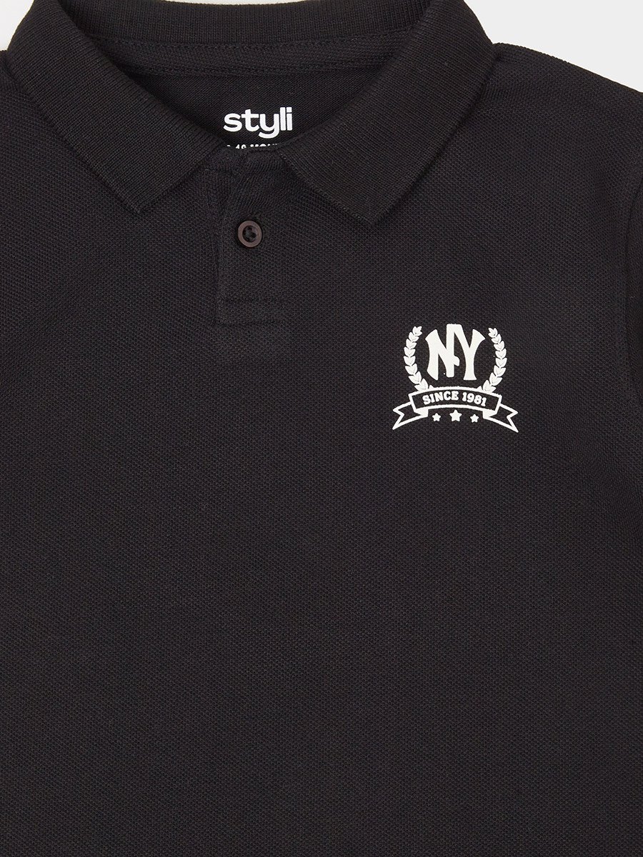 Baby Boy Black NY Print Regular Fit Polo T-Shirt