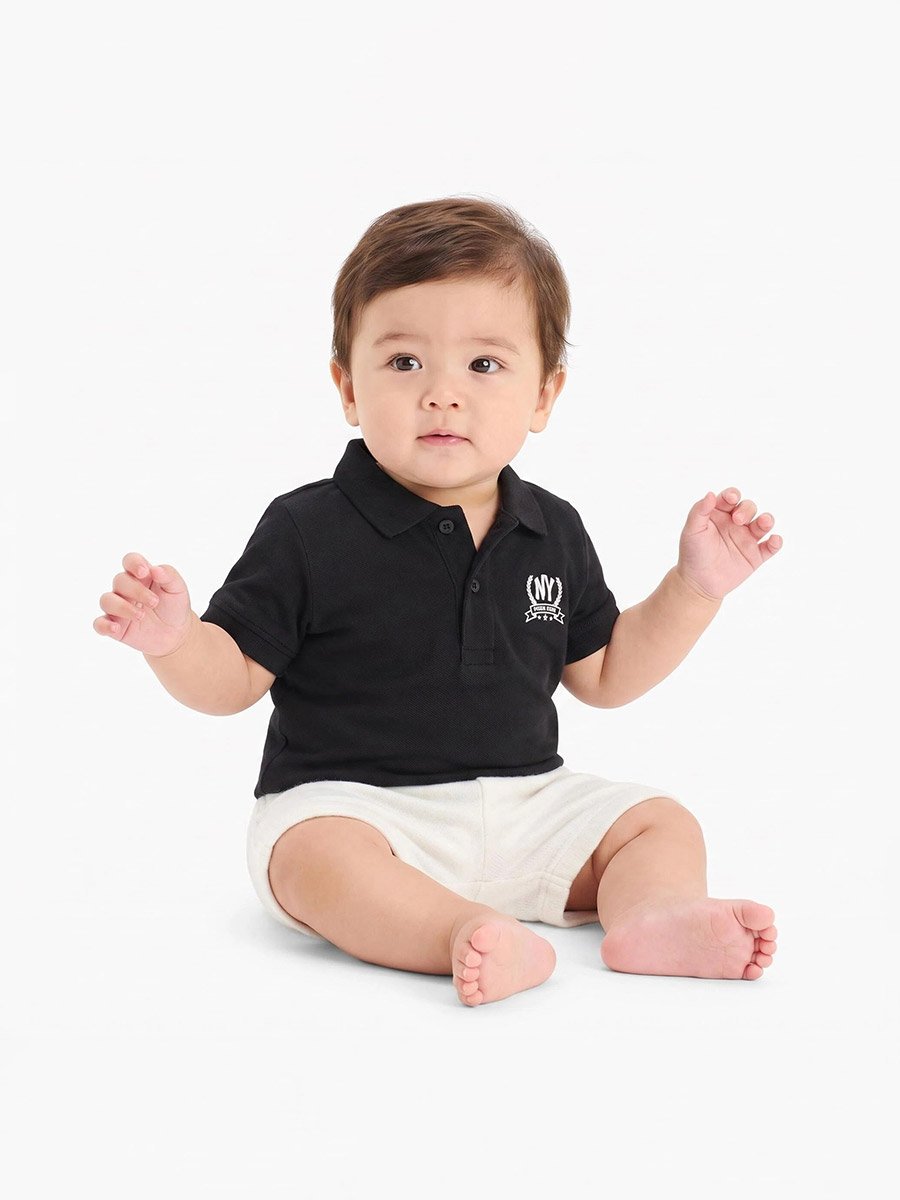 Baby Boy Black NY Print Regular Fit Polo T-Shirt