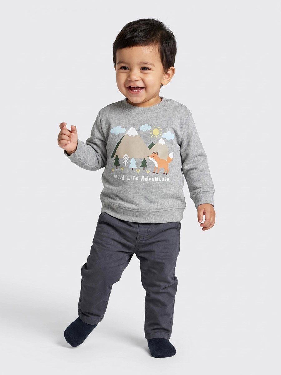 Baby Boys Grey Cotton Sweatshirt with Shoulder Snap