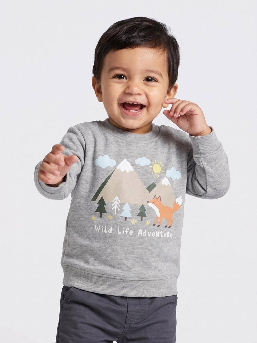 Baby Boys Grey Cotton Sweatshirt with Shoulder Snap