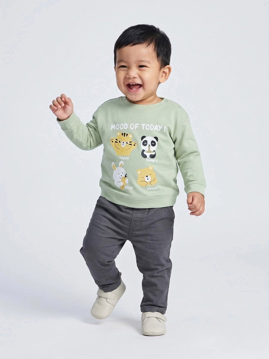 Baby Boys Green Cotton Sweatshirt with Shoulder Snap