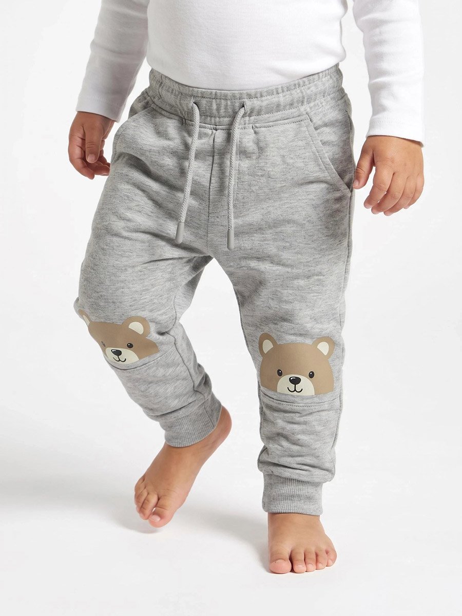 Baby Boy Grey Pull On Joggers with Bear Knee Patch
