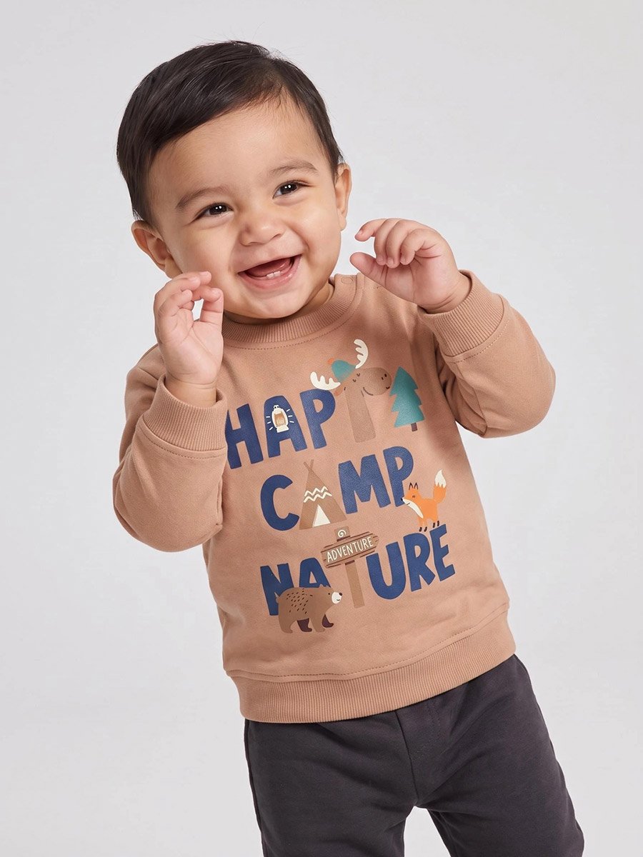 Baby Boy Brown Graphic Sweatshirt with Shoulder Snap