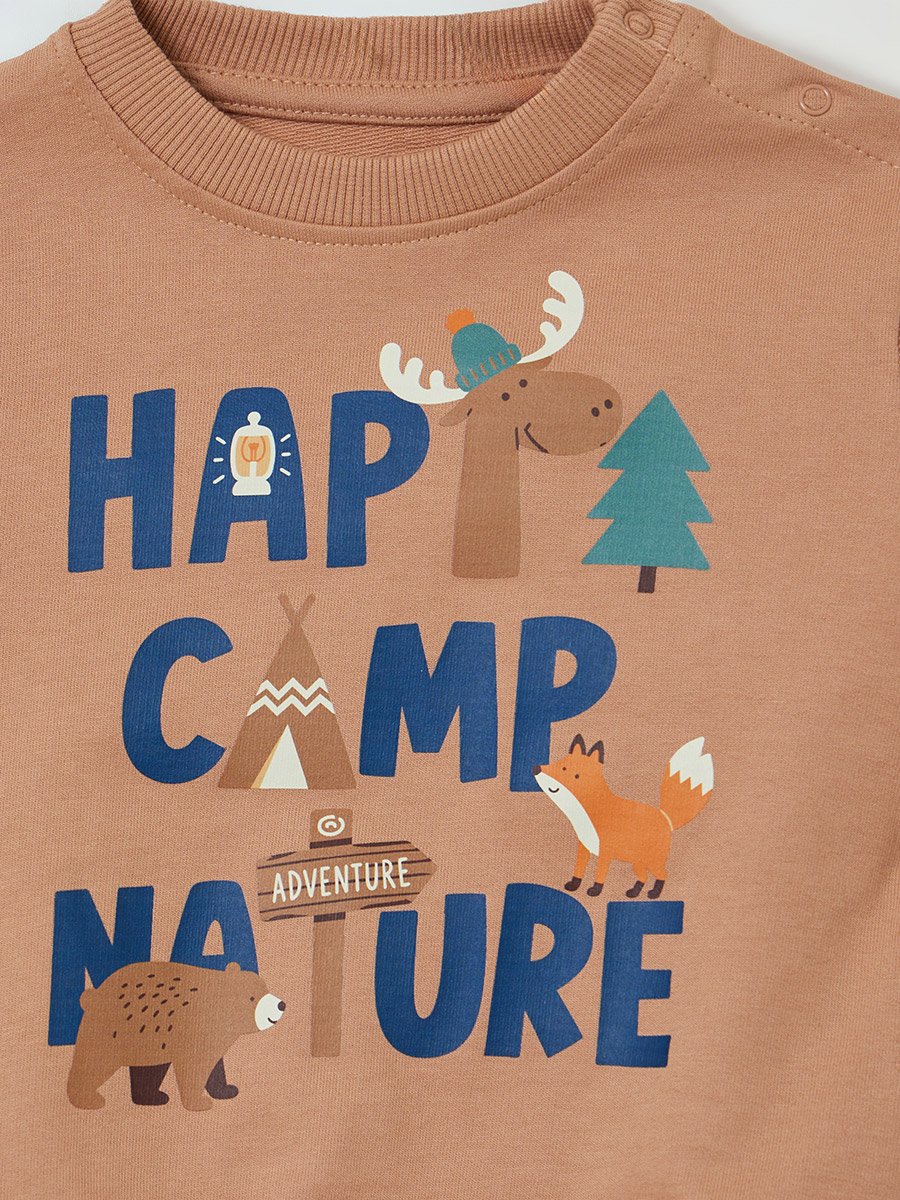 Baby Boy Brown Graphic Sweatshirt with Shoulder Snap