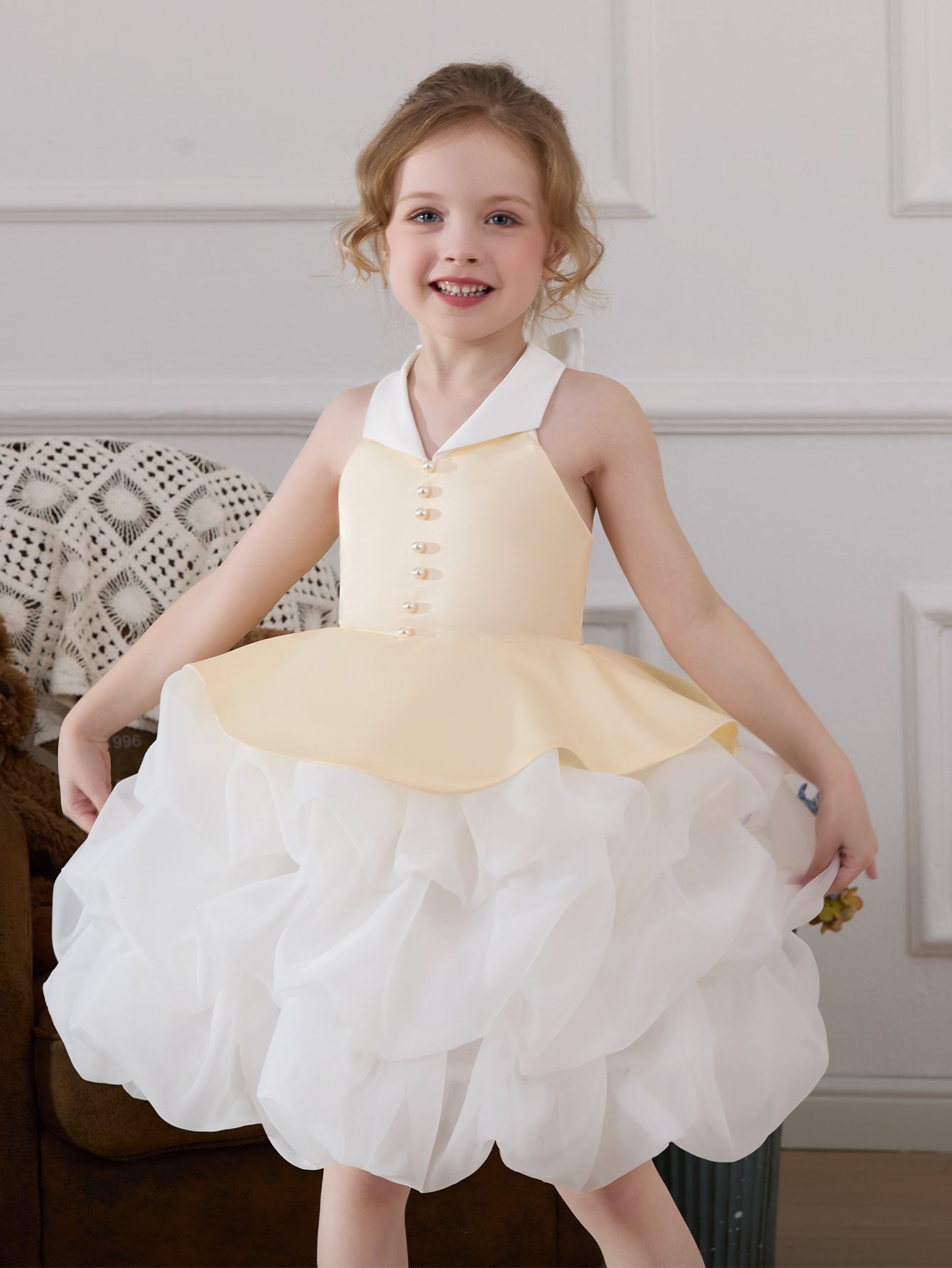 Girls Pearls Embellished Bow Detail A-Line Dress