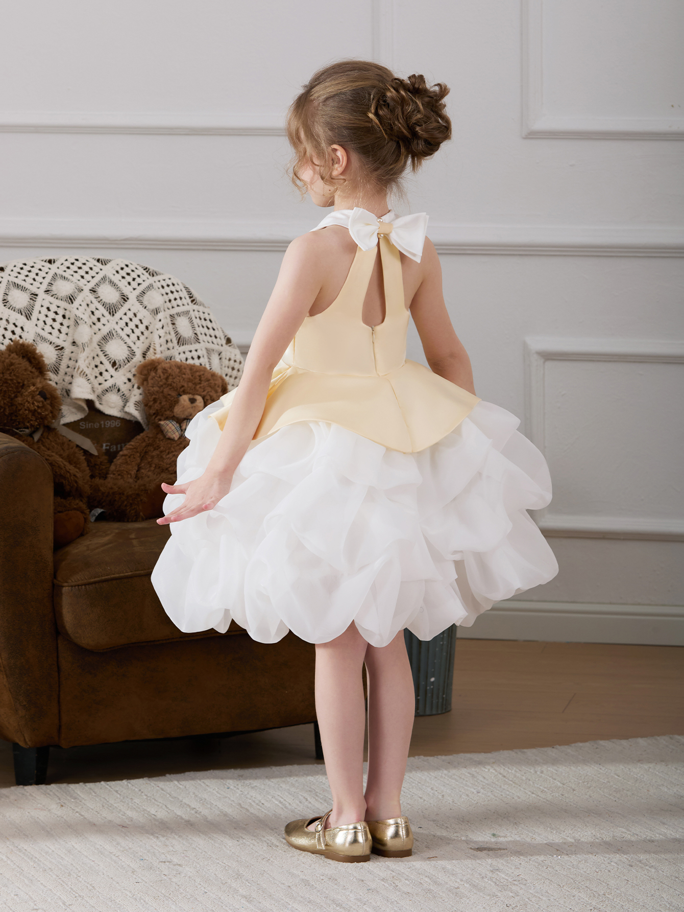 Girls Pearls Embellished Bow Detail A-Line Dress