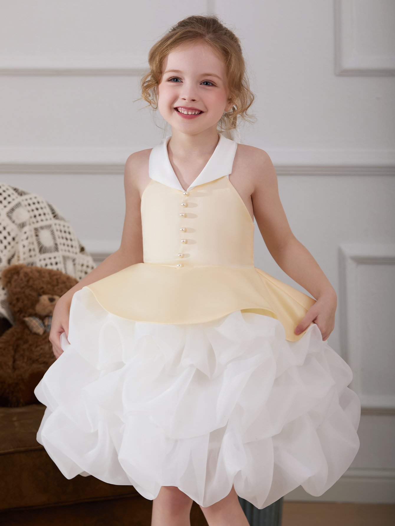 Girls Pearls Embellished Bow Detail A-Line Dress