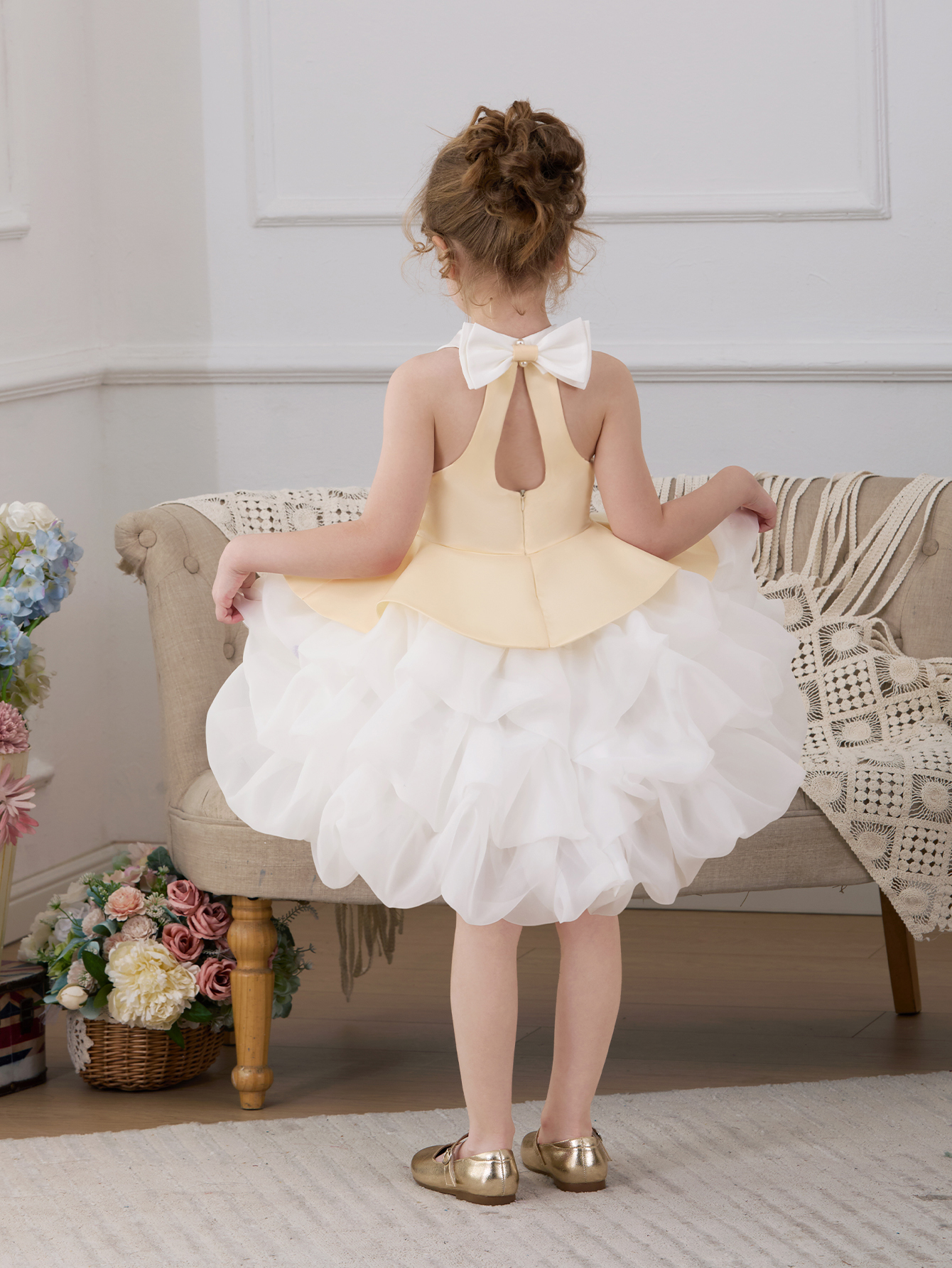Girls Pearls Embellished Bow Detail A-Line Dress