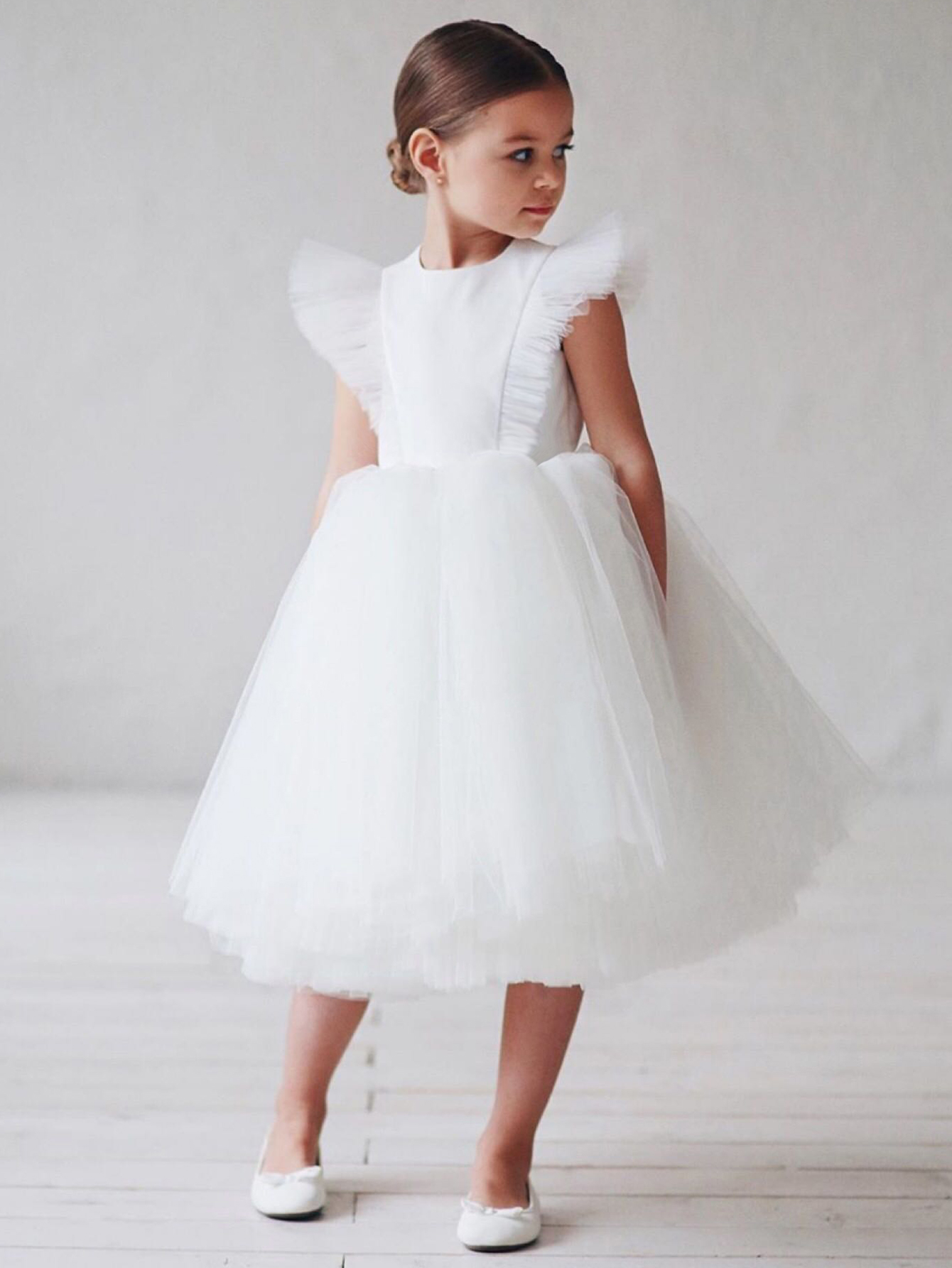 White A-Line Flower Dress with Tulle Skirt