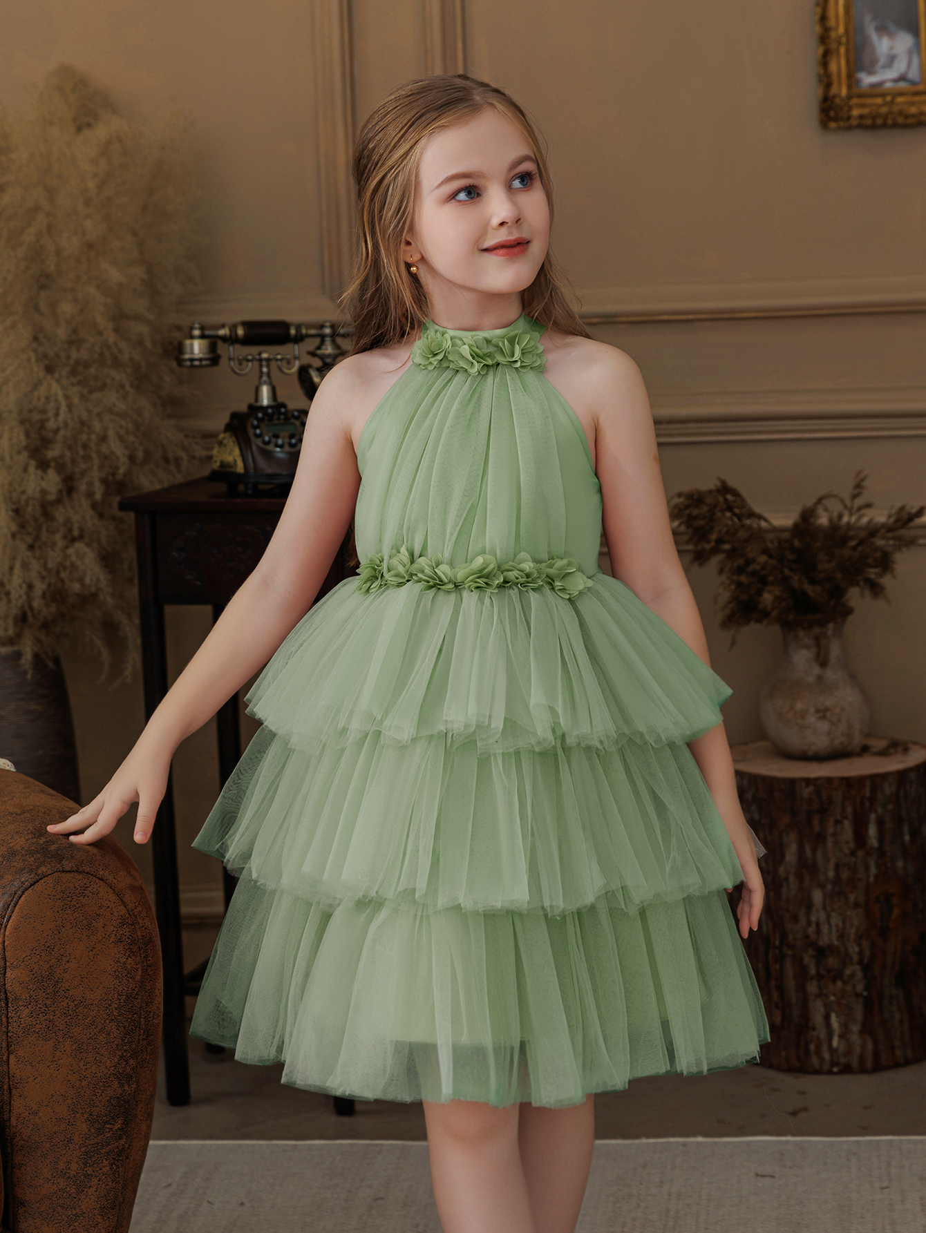 Girls Sage Green A-Line Tiered Tulle Dress