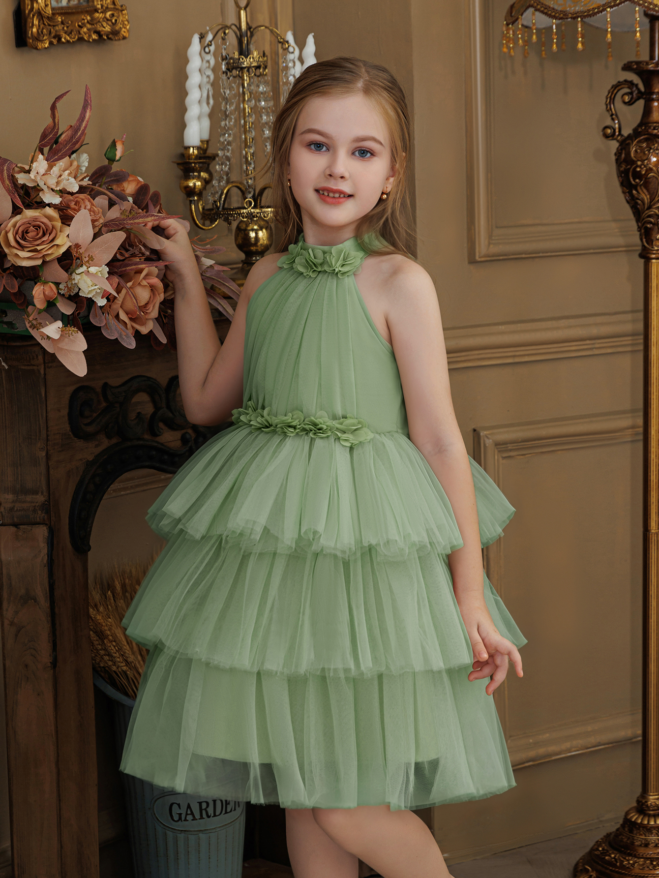 Girls Sage Green A-Line Tiered Tulle Dress