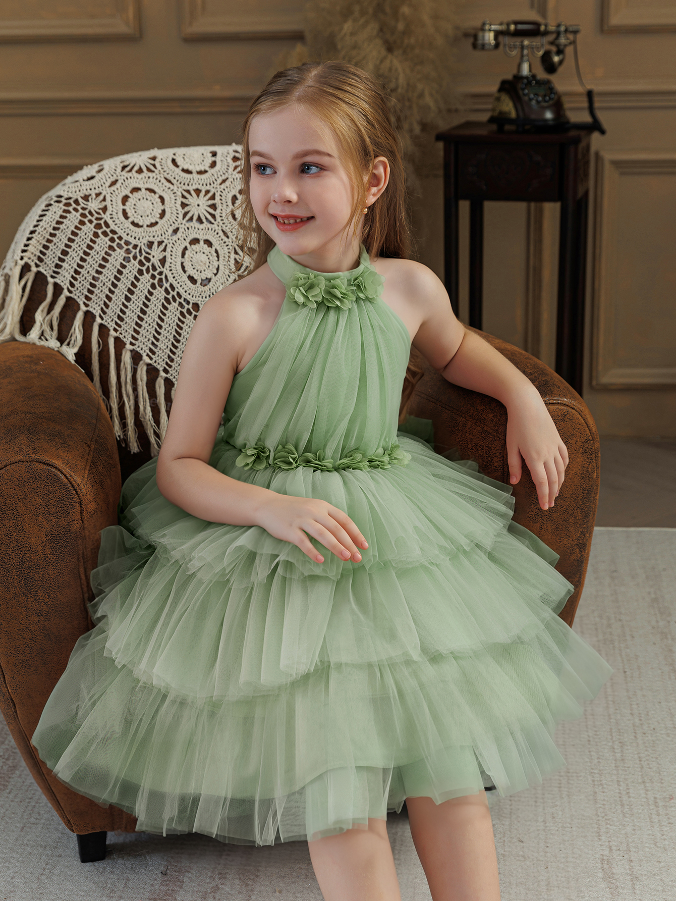 Girls Sage Green A-Line Tiered Tulle Dress