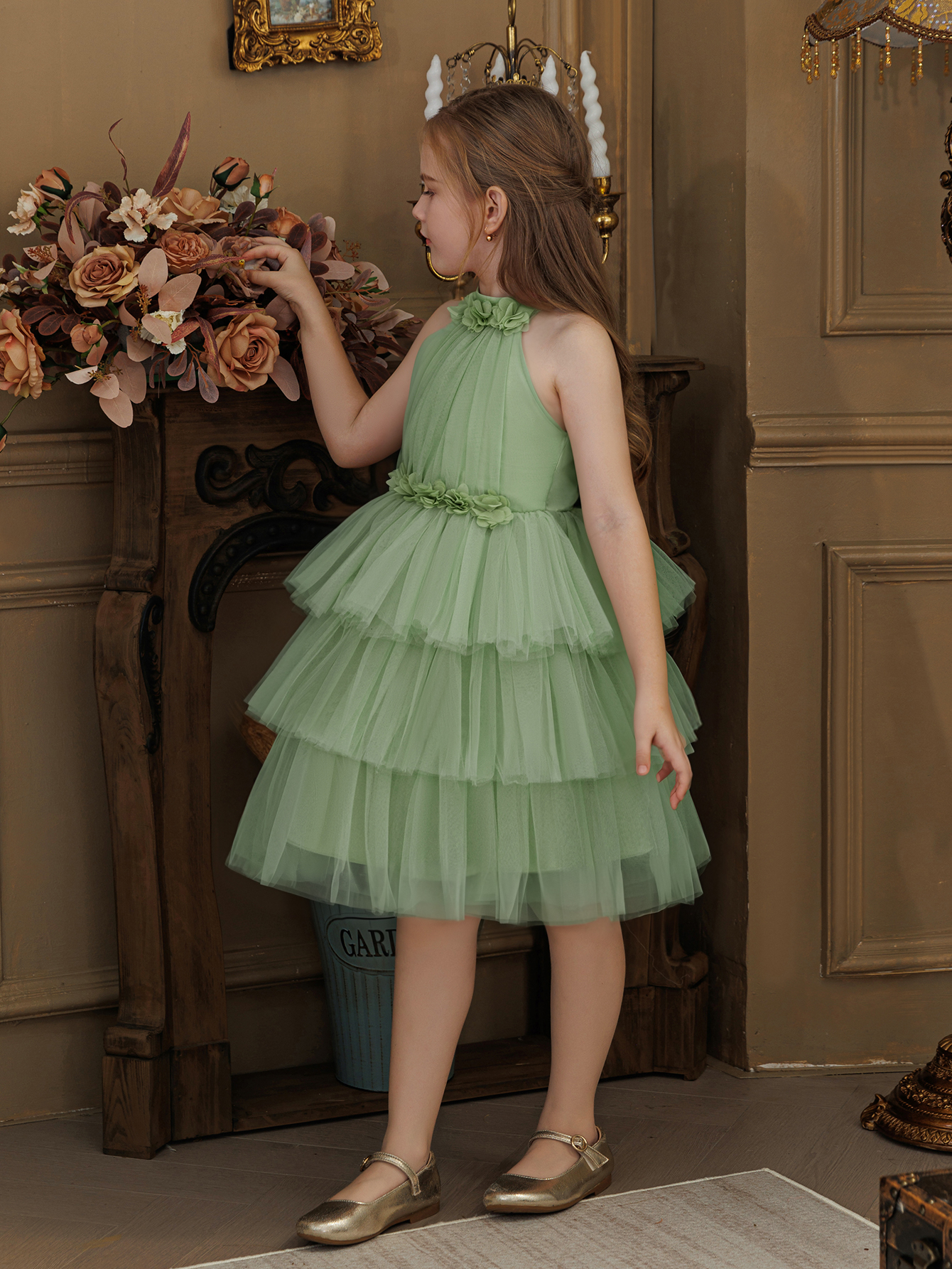 Girls Sage Green A-Line Tiered Tulle Dress