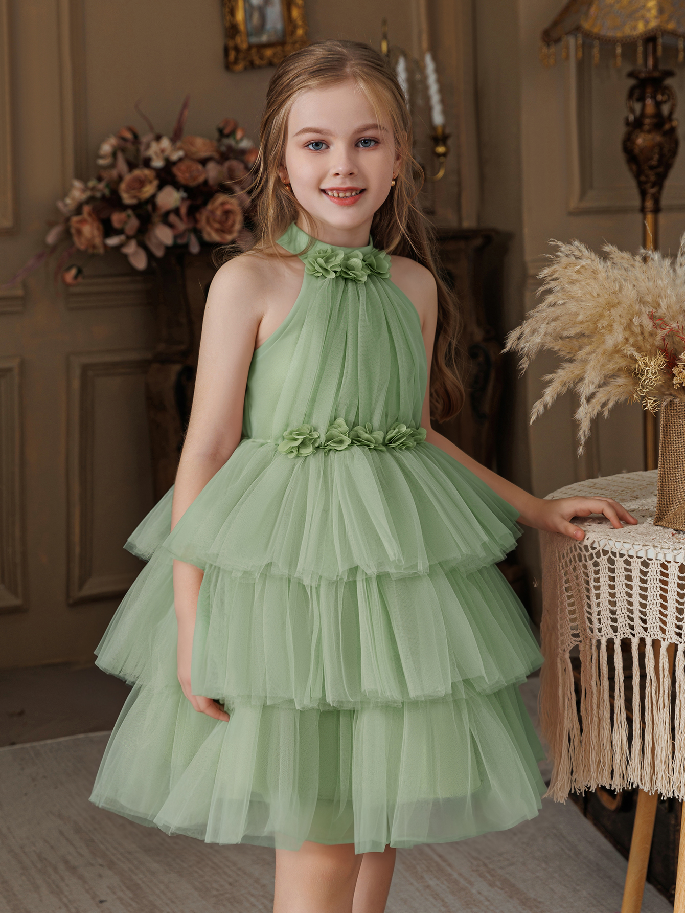 Girls Sage Green A-Line Tiered Tulle Dress