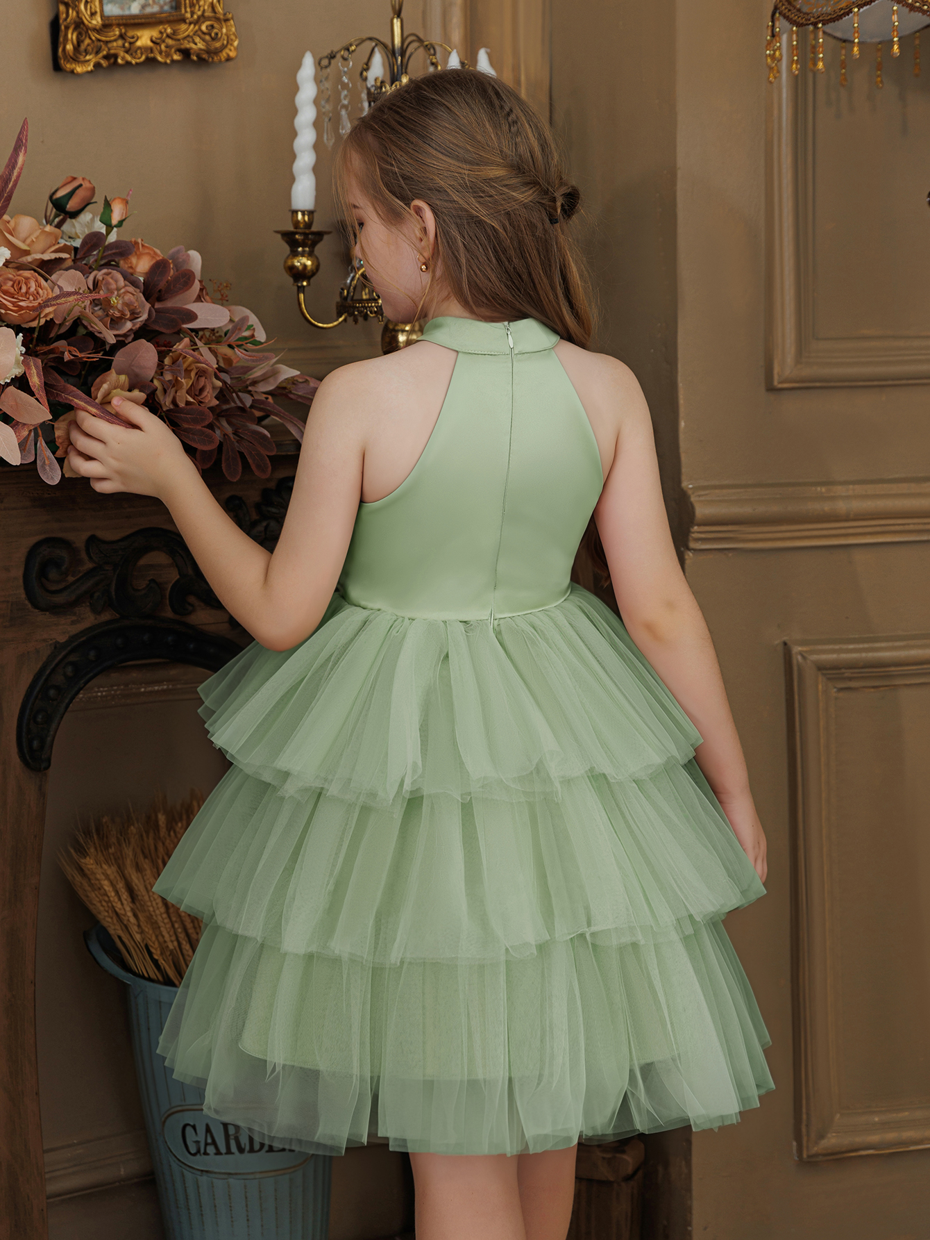 Girls Sage Green A-Line Tiered Tulle Dress