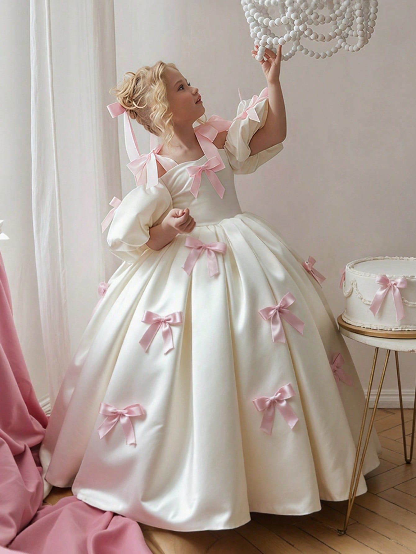 White A-Line Ankle-Length Dress with Pink Bows