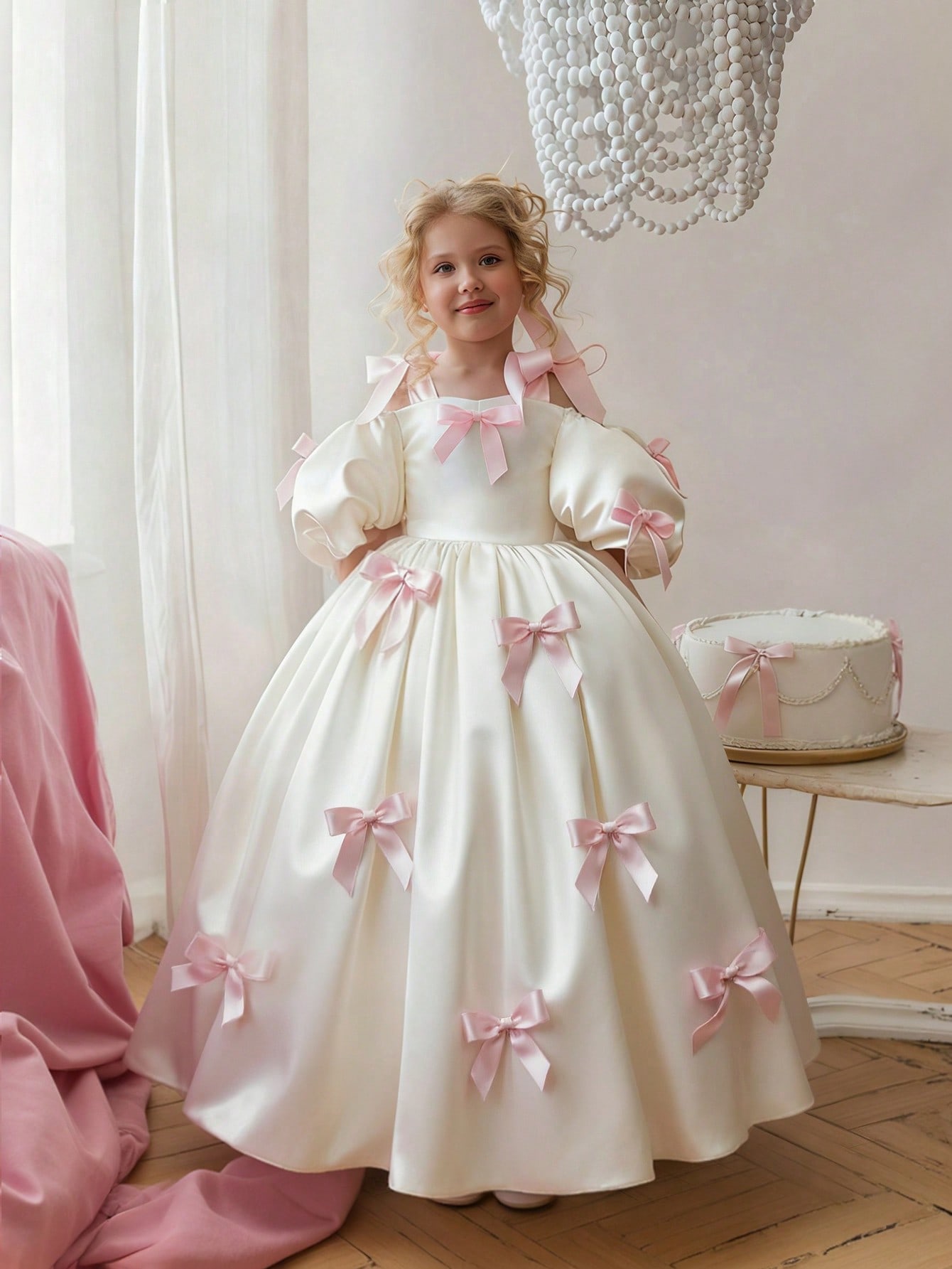 White A-Line Ankle-Length Dress with Pink Bows