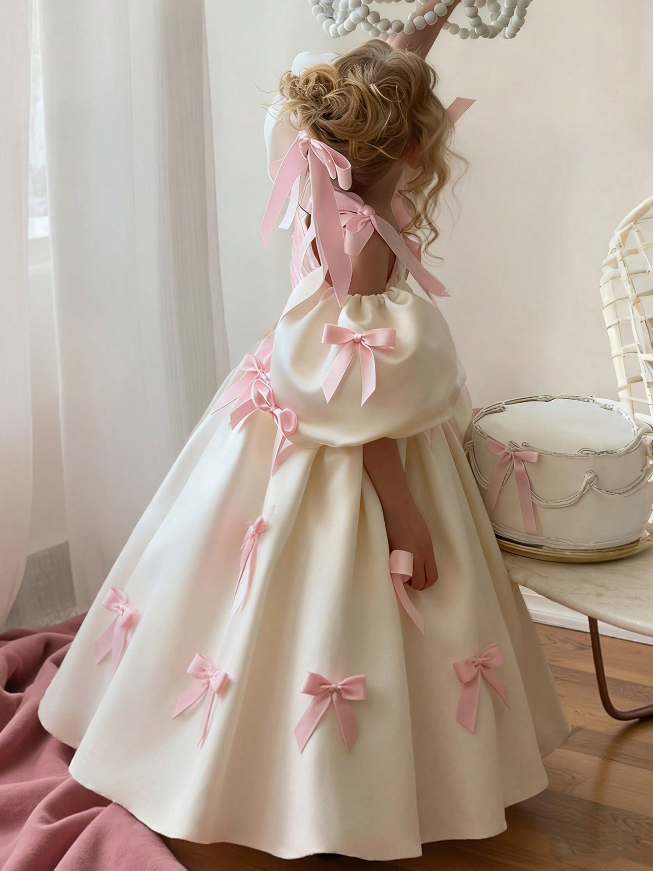 White A-Line Ankle-Length Dress with Pink Bows