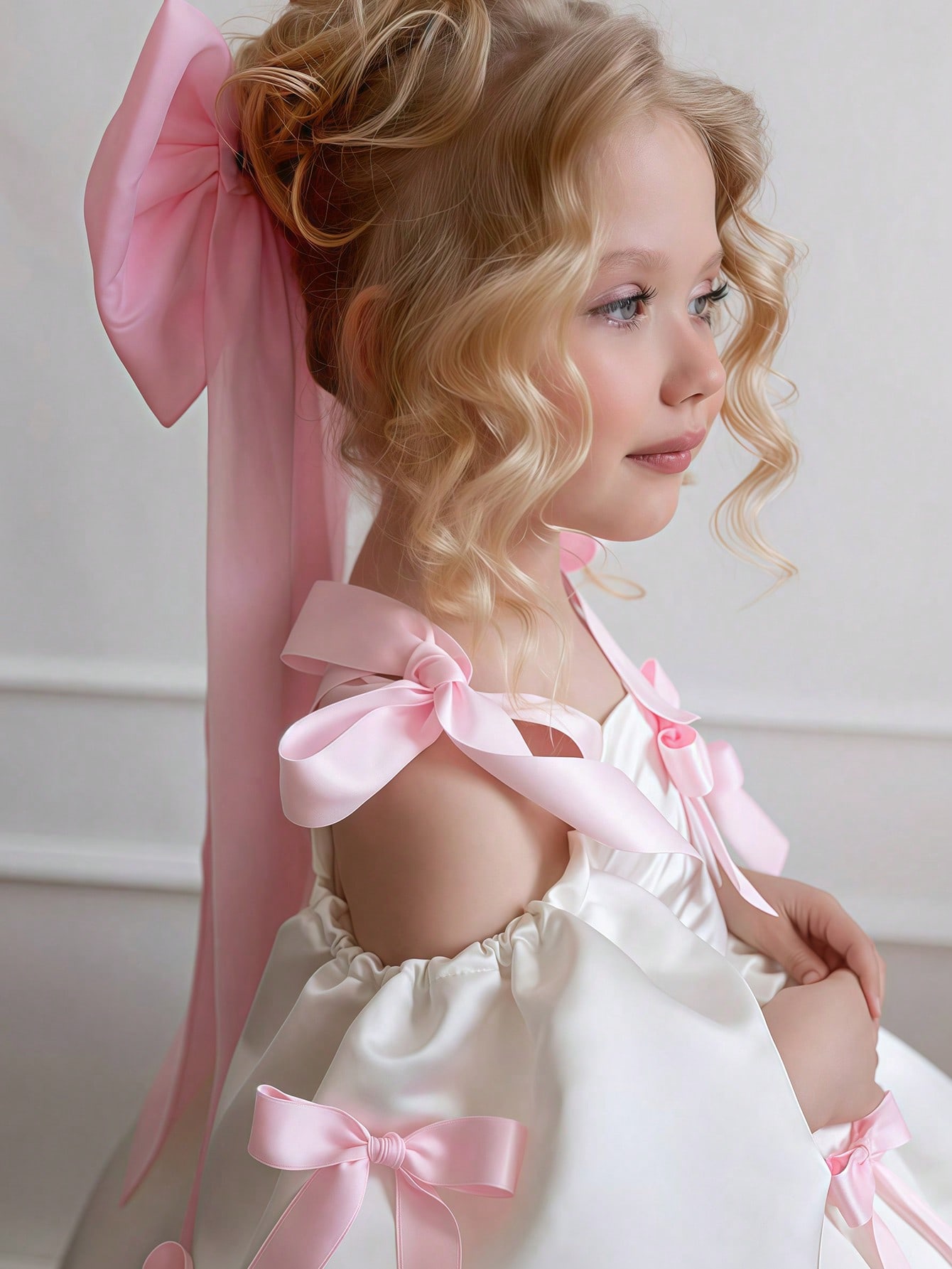 White A-Line Ankle-Length Dress with Pink Bows