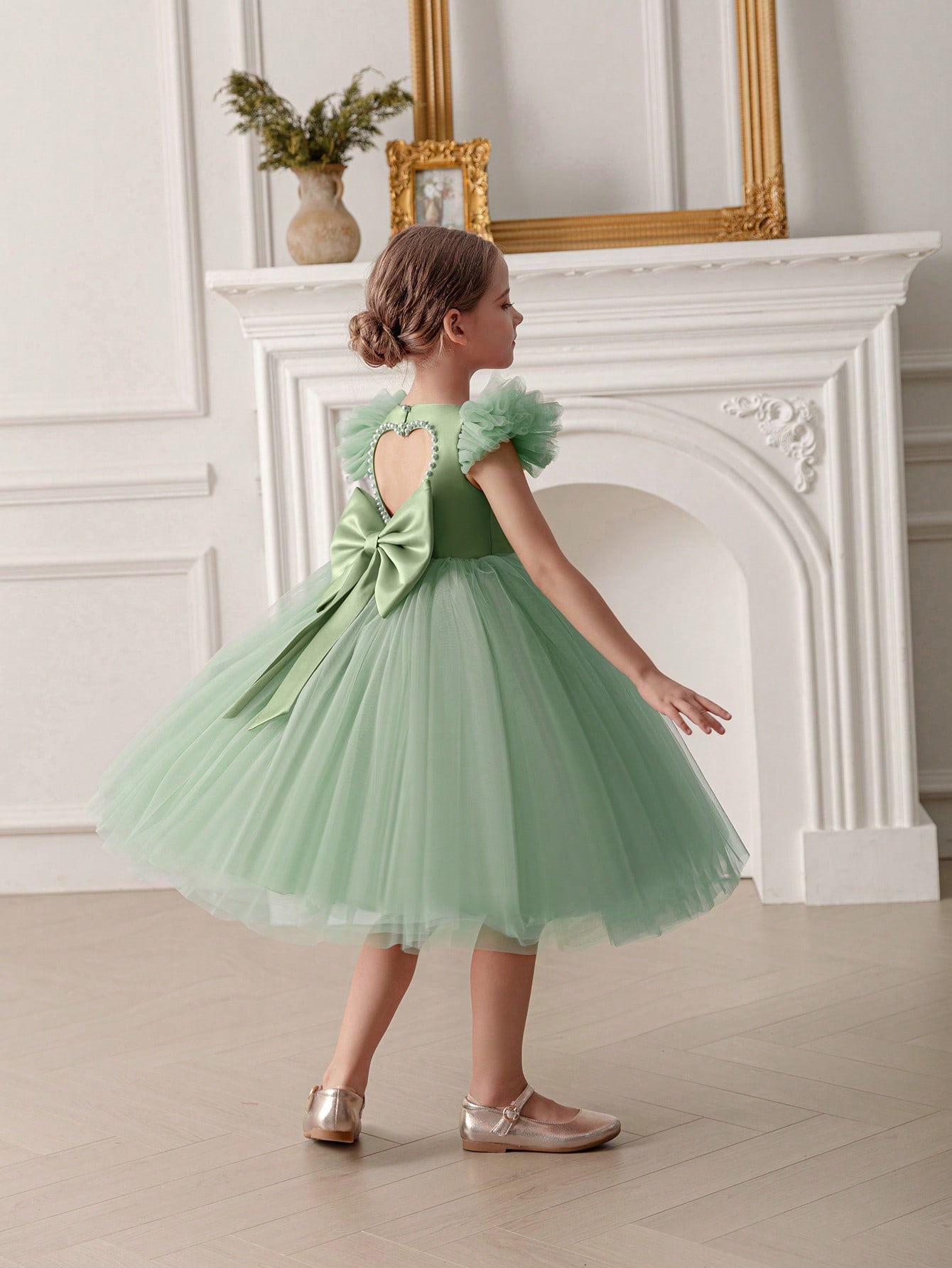 Girls Green Pearls Embellished A-Line Dress 
