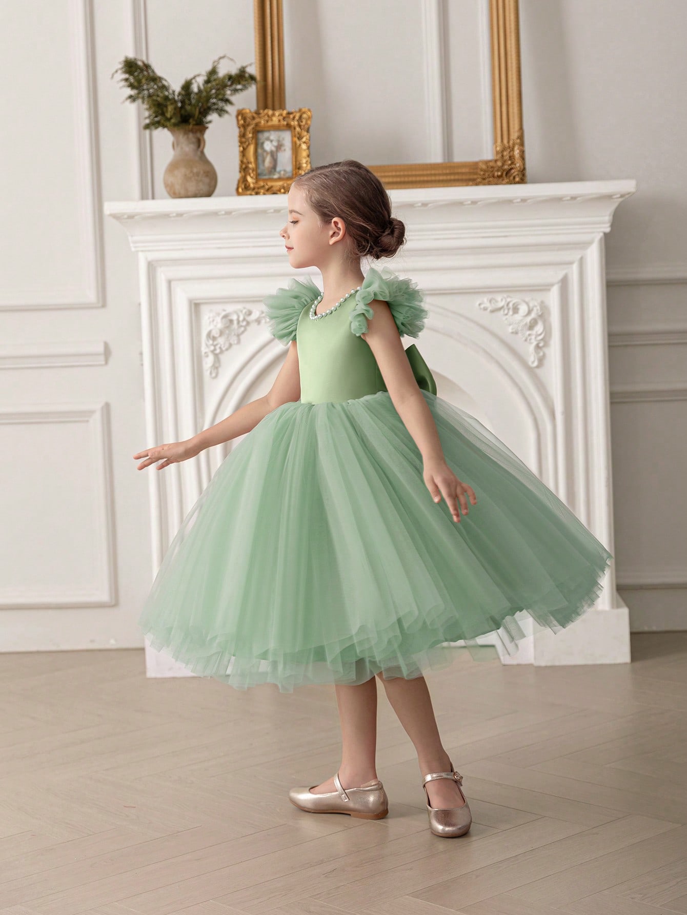 Girls Green Pearls Embellished A-Line Dress 