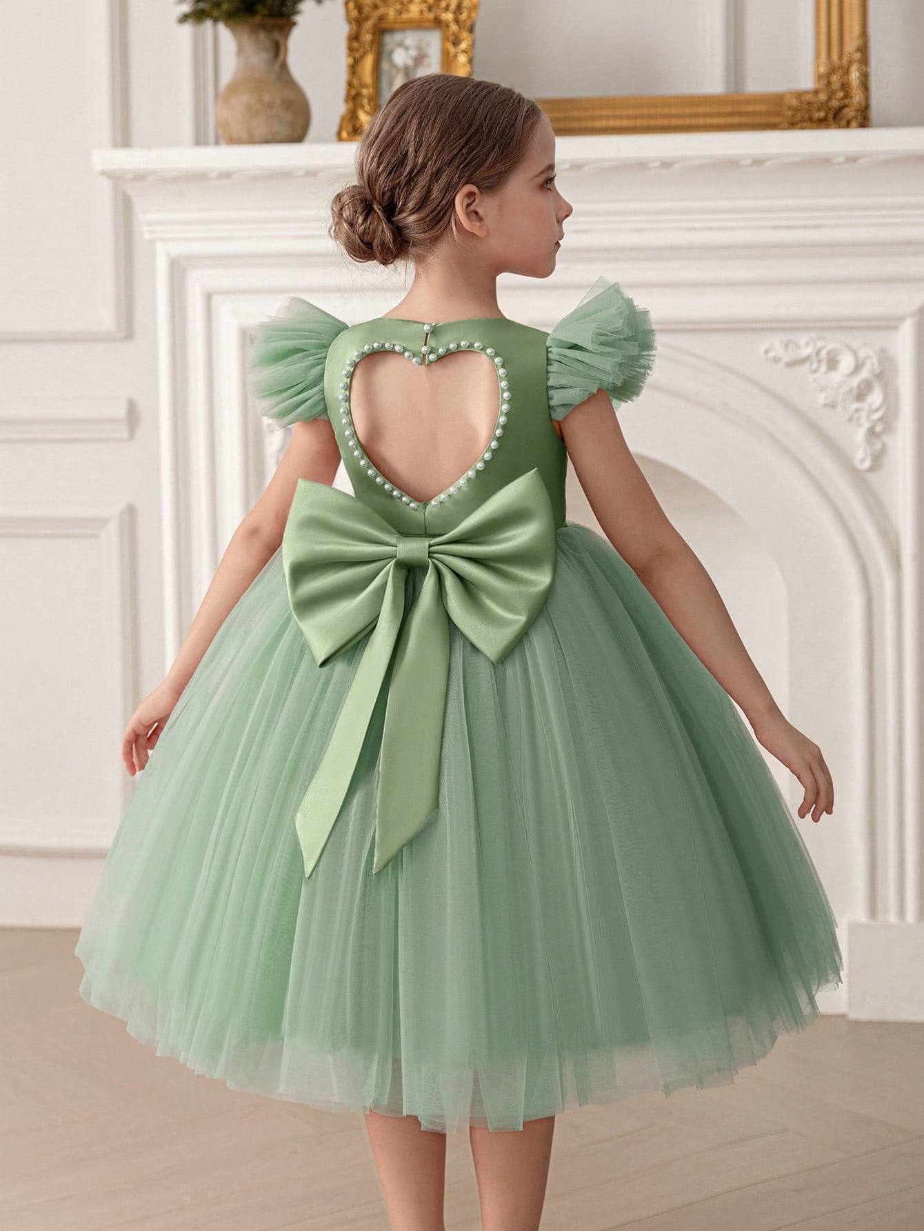 Girls Green Pearls Embellished A-Line Dress 