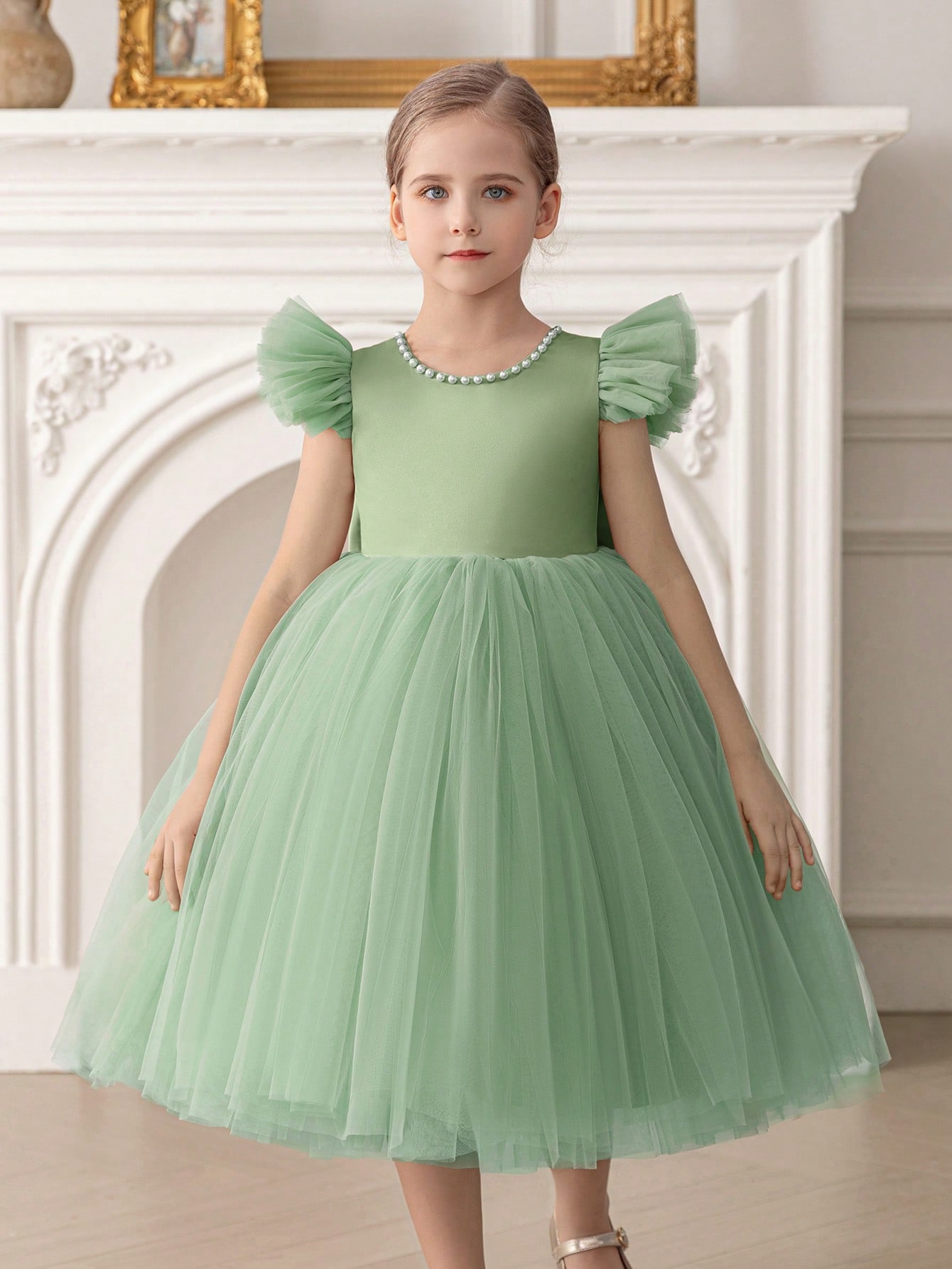 Girls Green Pearls Embellished A-Line Dress 