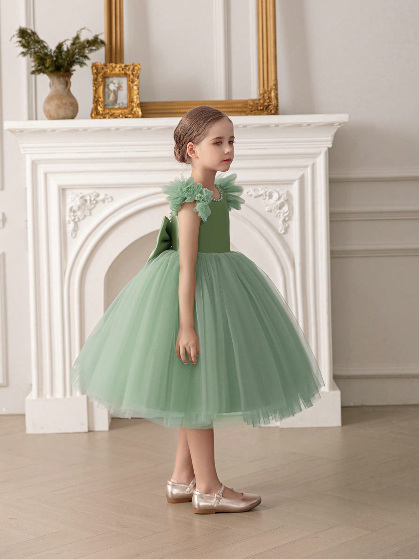 Girls Green Pearls Embellished A-Line Dress 
