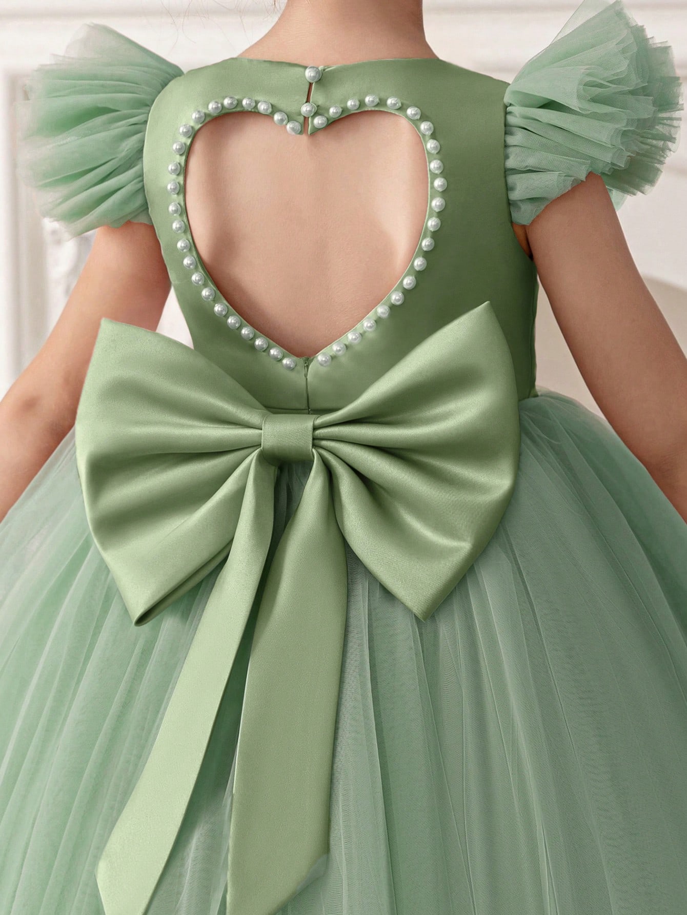Girls Green Pearls Embellished A-Line Dress 