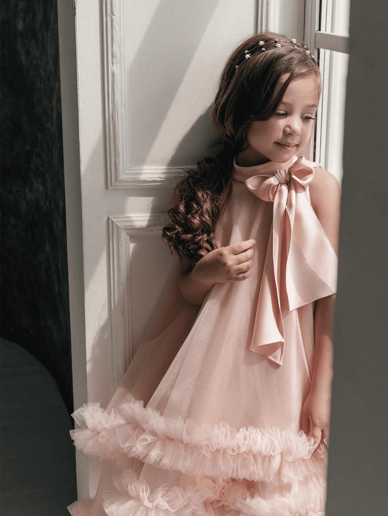 Girls Pink A-Line Knee-Length Ruffle Dress
