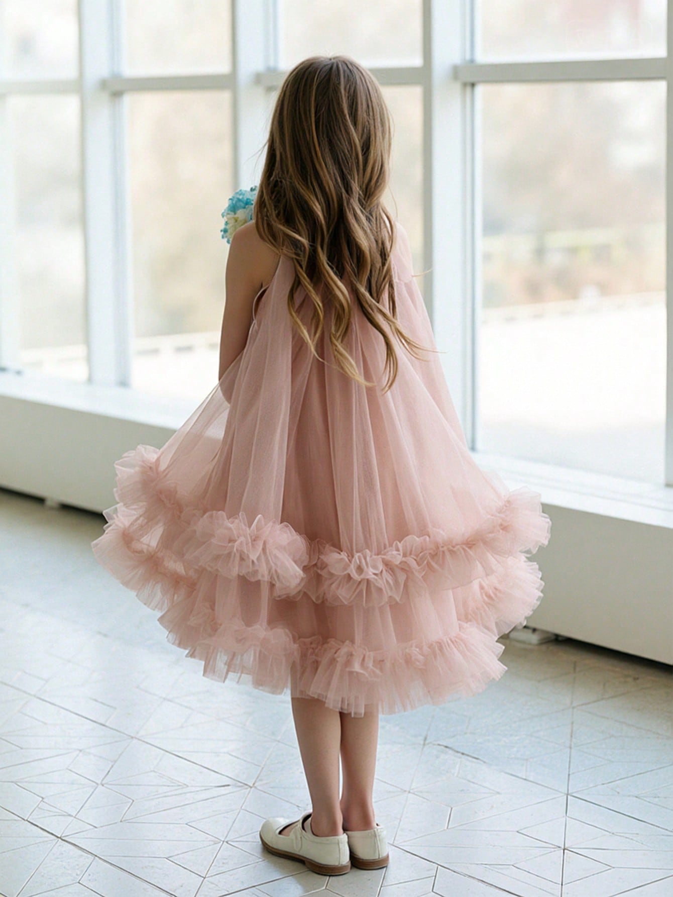 Girls Pink A-Line Knee-Length Ruffle Dress