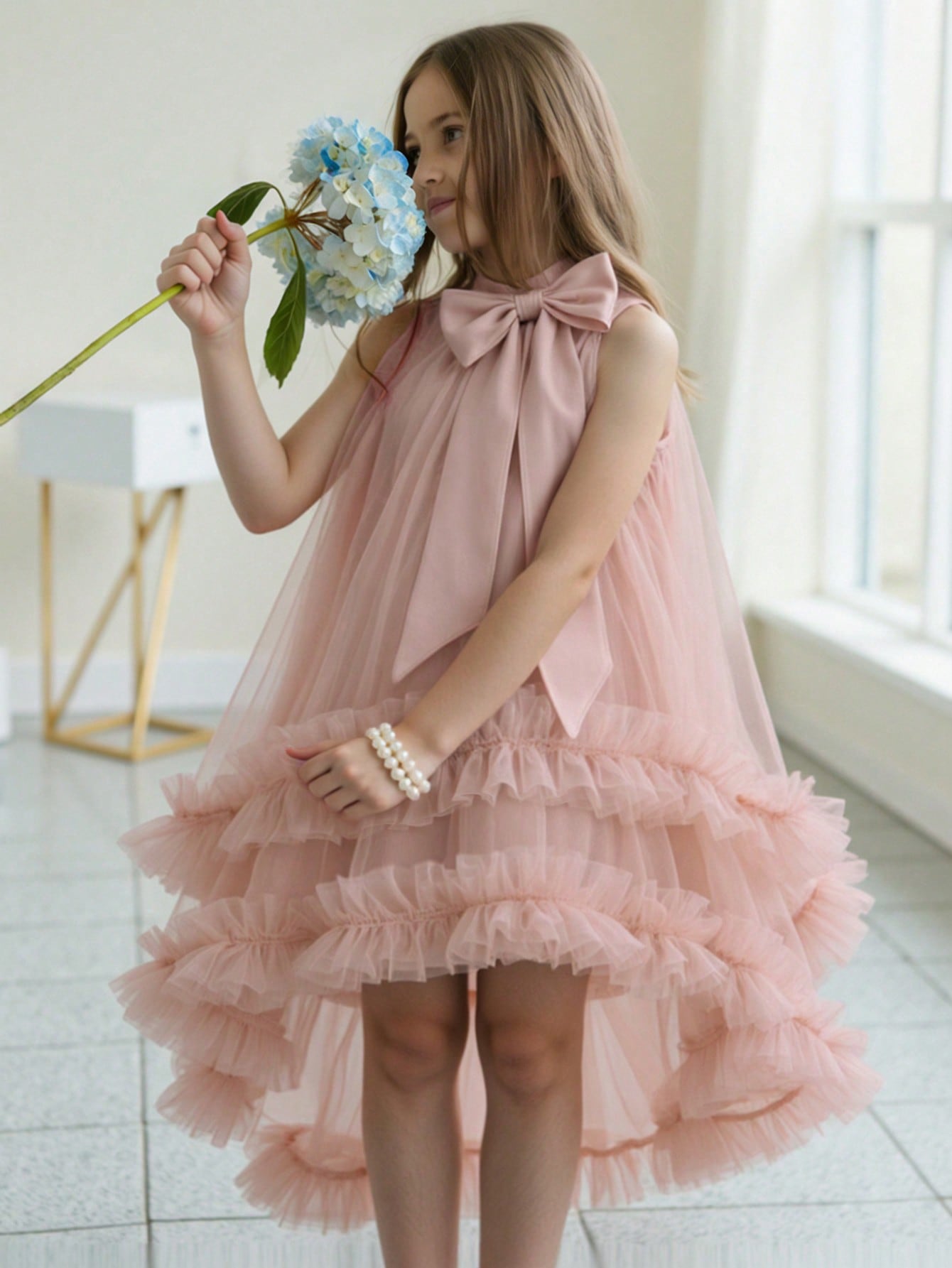 Girls Pink A-Line Knee-Length Ruffle Dress