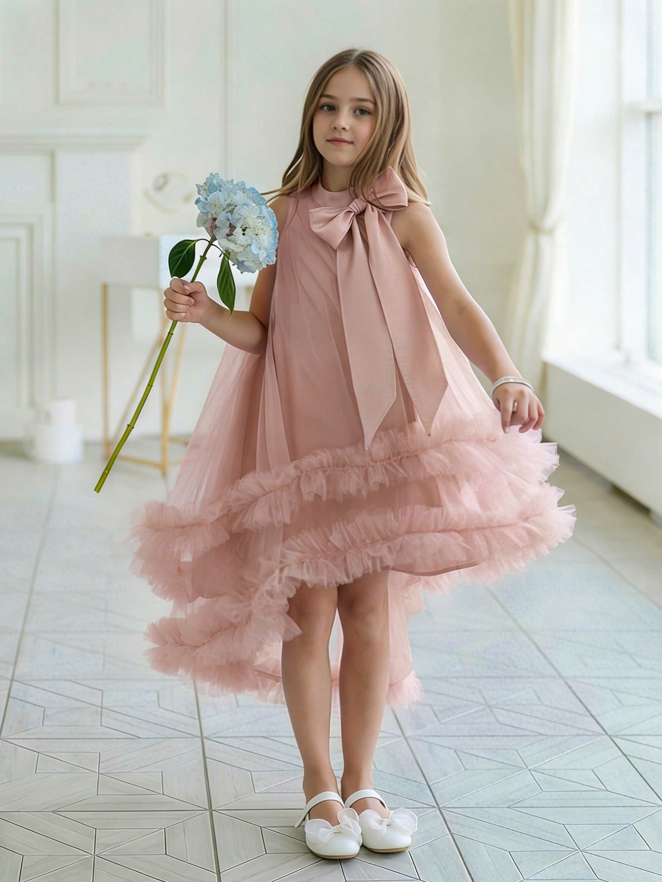 Girls Pink A-Line Knee-Length Ruffle Dress
