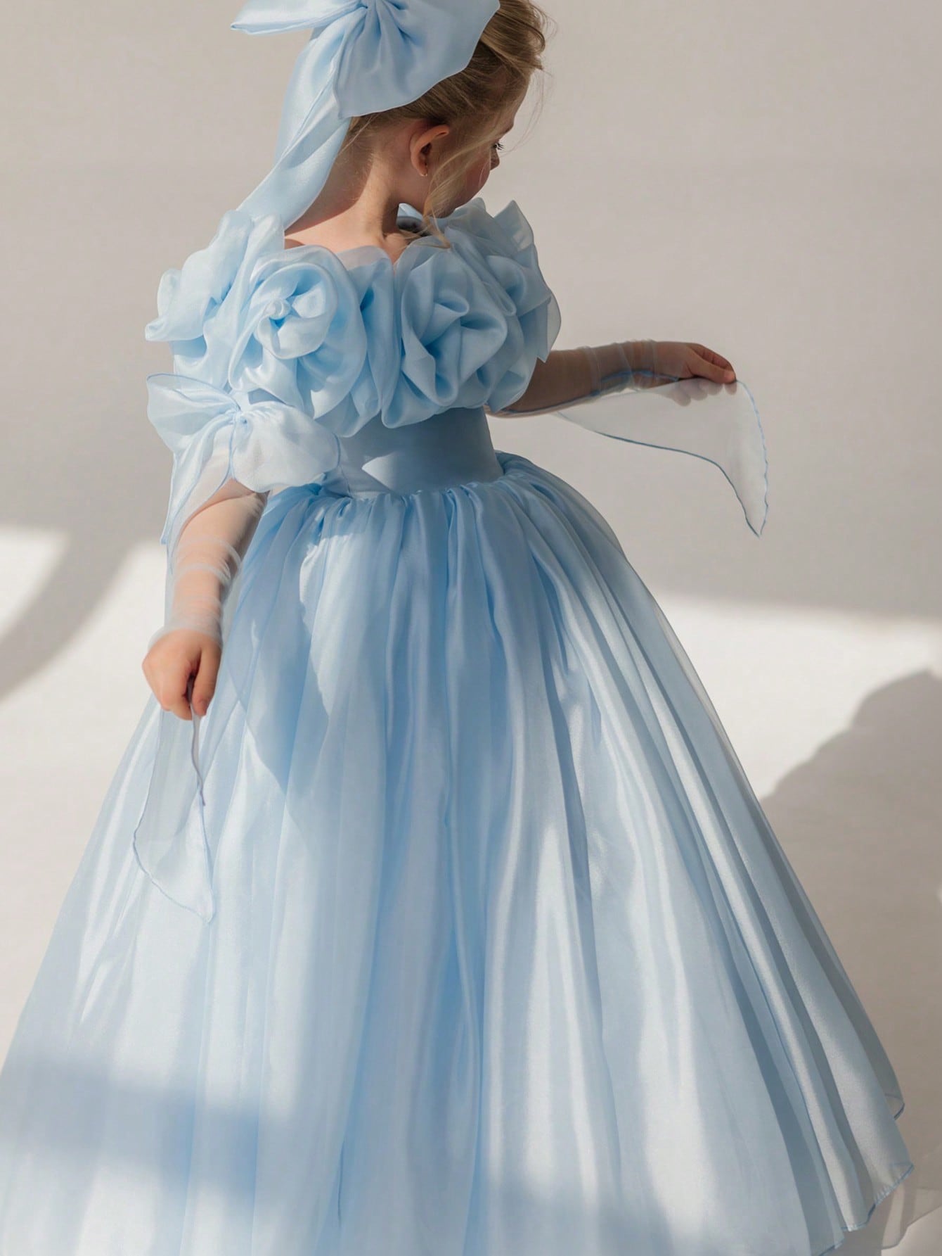Girls Sky Blue Ruched Details A-Line Maxi Dress