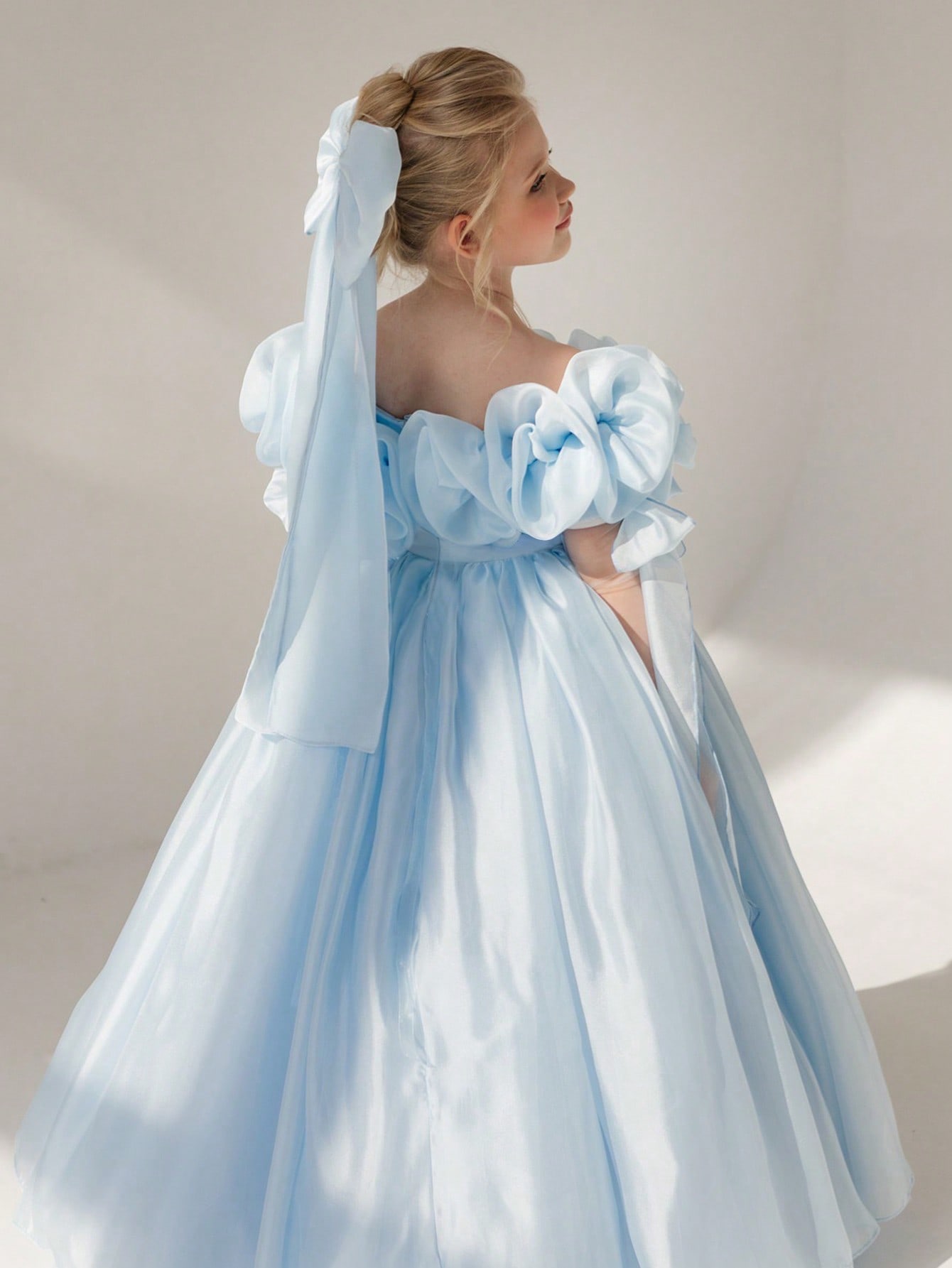 Girls Sky Blue Ruched Details A-Line Maxi Dress