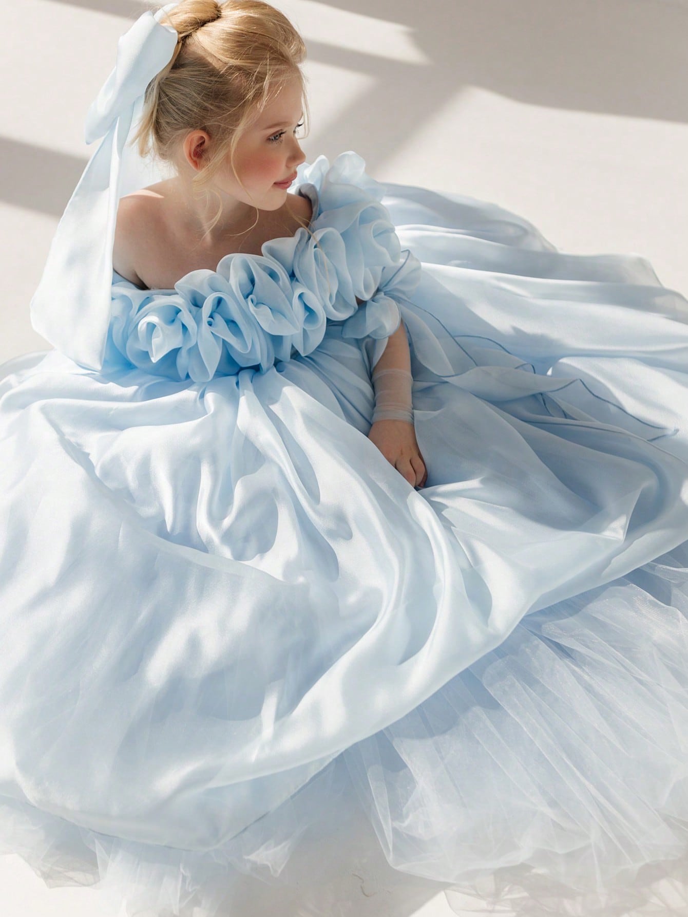 Girls Sky Blue Ruched Details A-Line Maxi Dress