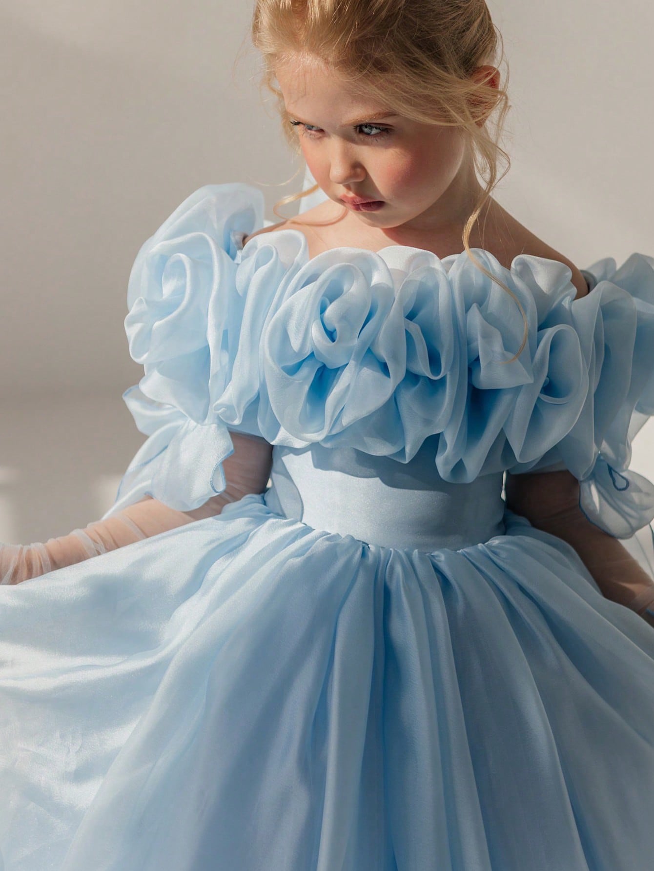 Girls Sky Blue Ruched Details A-Line Maxi Dress