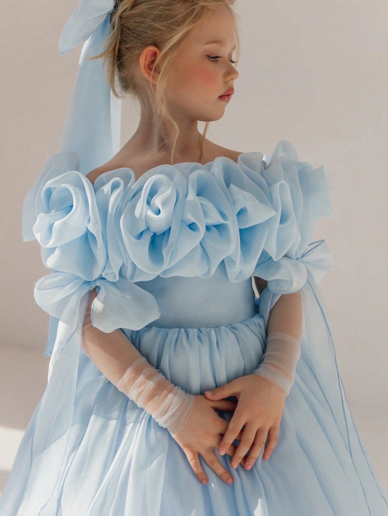 Girls Sky Blue Ruched Details A-Line Maxi Dress