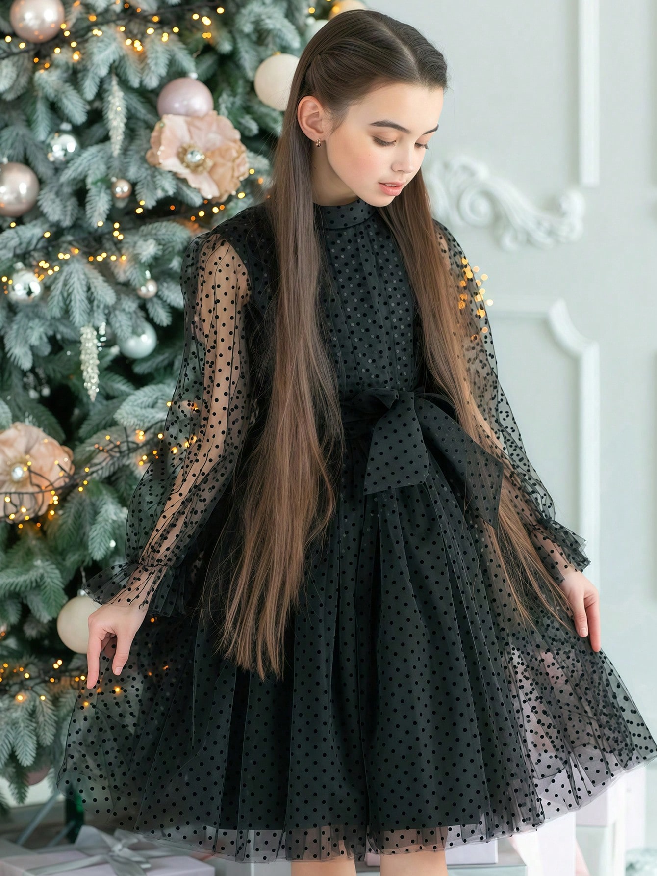 Girls Black Polka Dot A-Line Knee-Length Dress