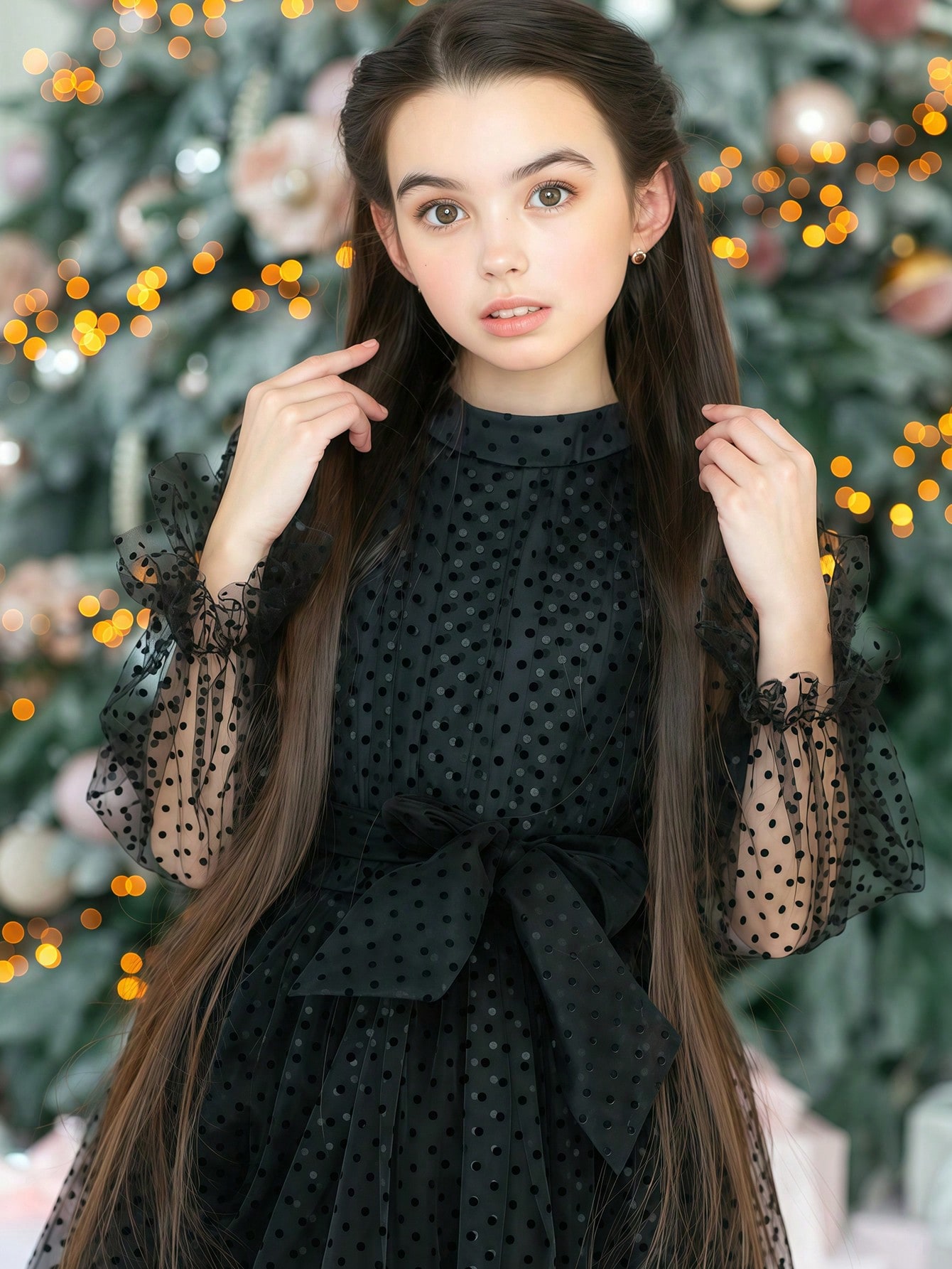 Girls Black Polka Dot A-Line Knee-Length Dress