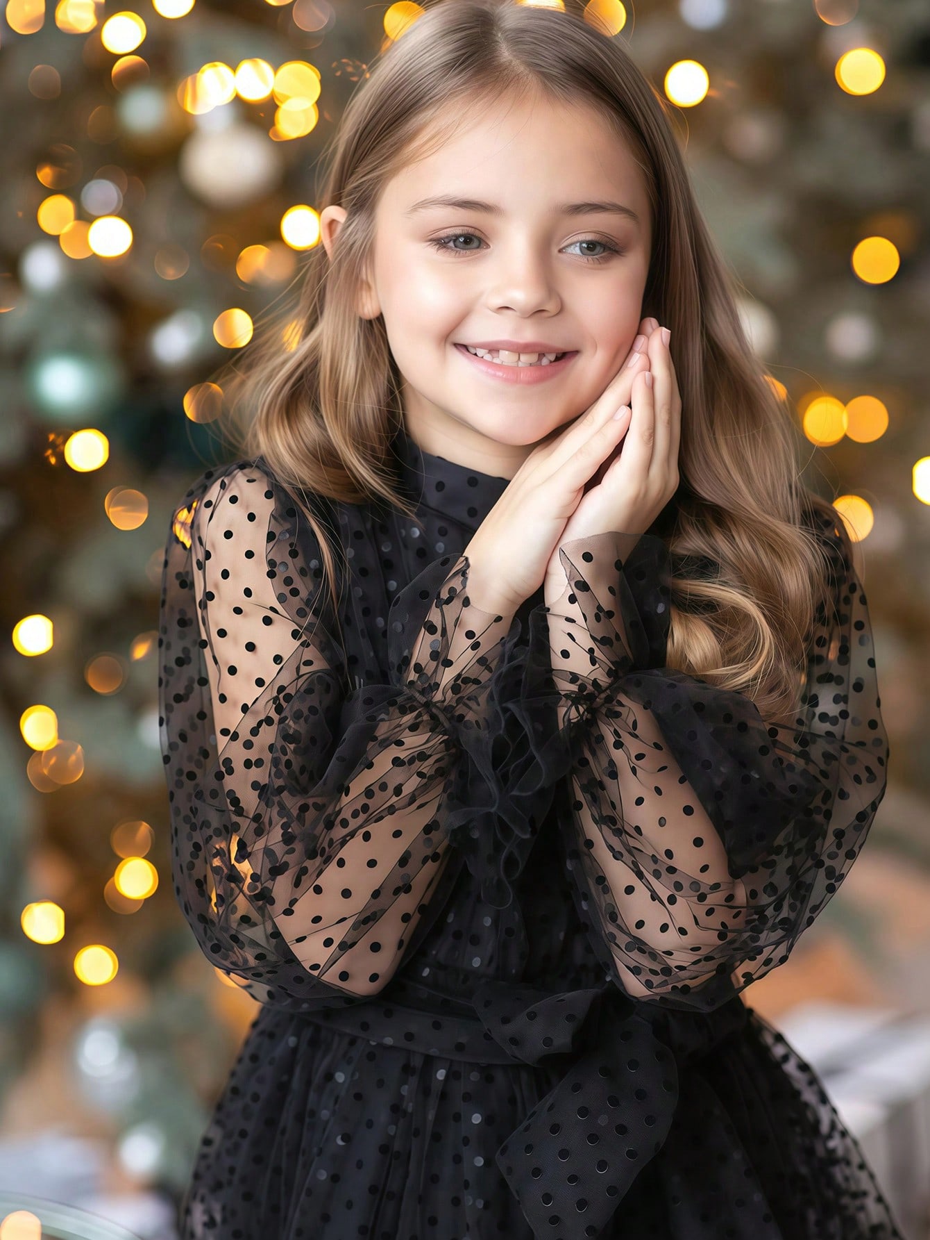 Girls Black Polka Dot A-Line Knee-Length Dress