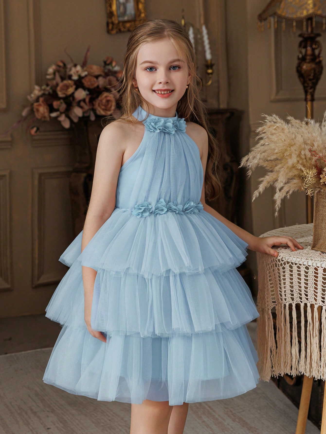 Blue Halter Neck Tiered A-Line Dress